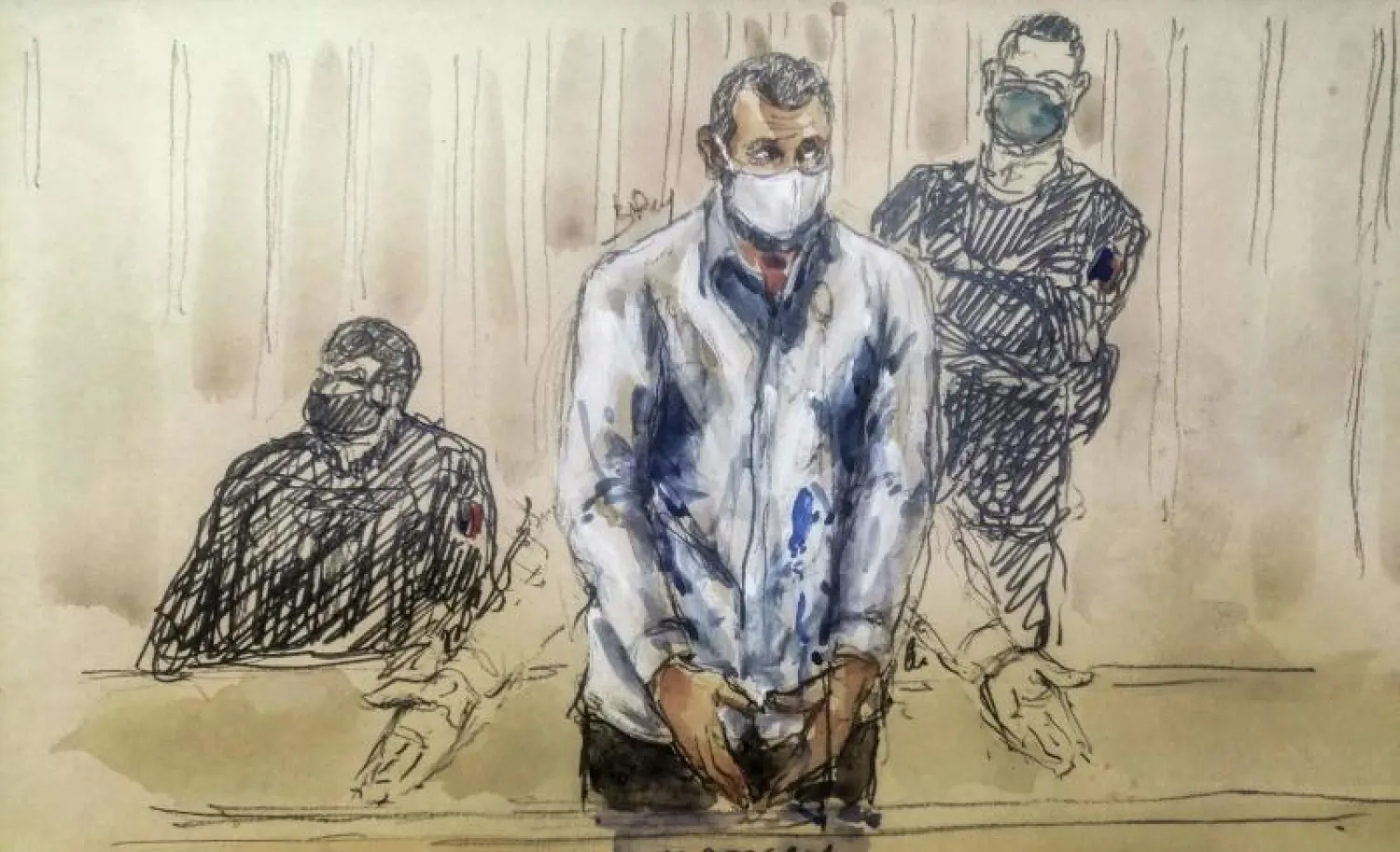 رسمة تصوّر المشتبه به الرئيسي في هجمات باريس صلاح عبد السلام خلال مثوله أمام المحكمة (أ.ف.ب)