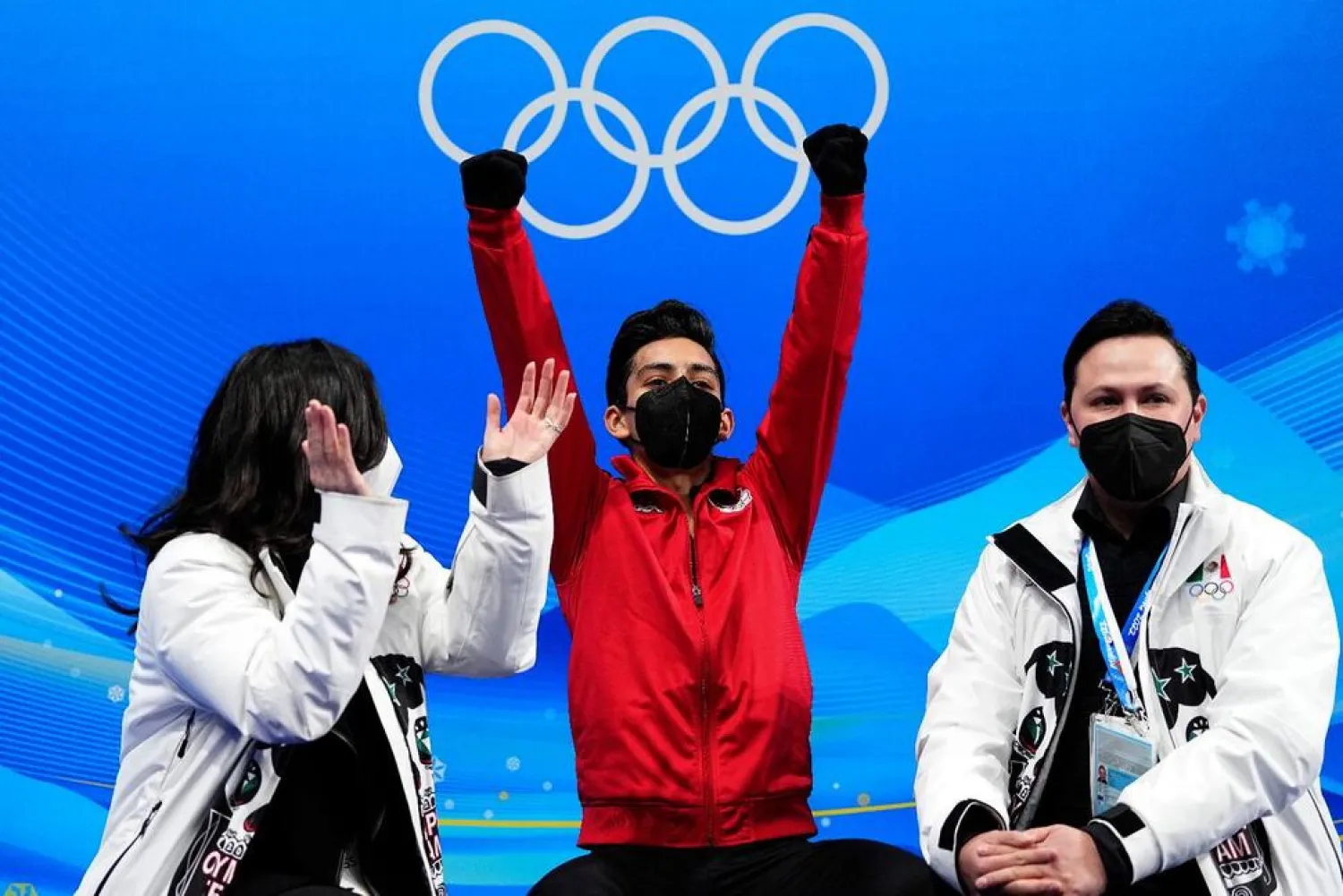 Donovan Carrillo, of Mexico, reacts after the men's short program figure skating competition at the 2022 Winter Olympics, Tuesday, Feb. 8, 2022, in Beijing. (AP)