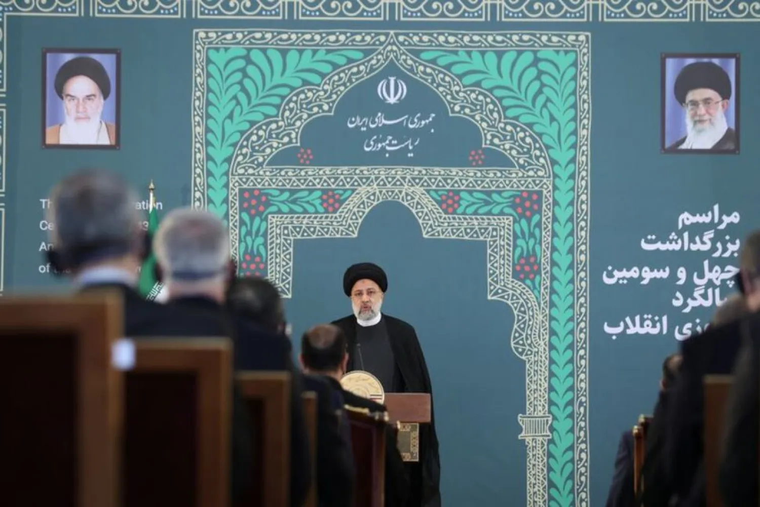Iran's President Ebrahim Raisi speaks during a ceremony to mark the 43rd anniversary of the Islamic Revolution in Tehran, Iran February 10, 2022. (West Asia News Agency via Reuters)