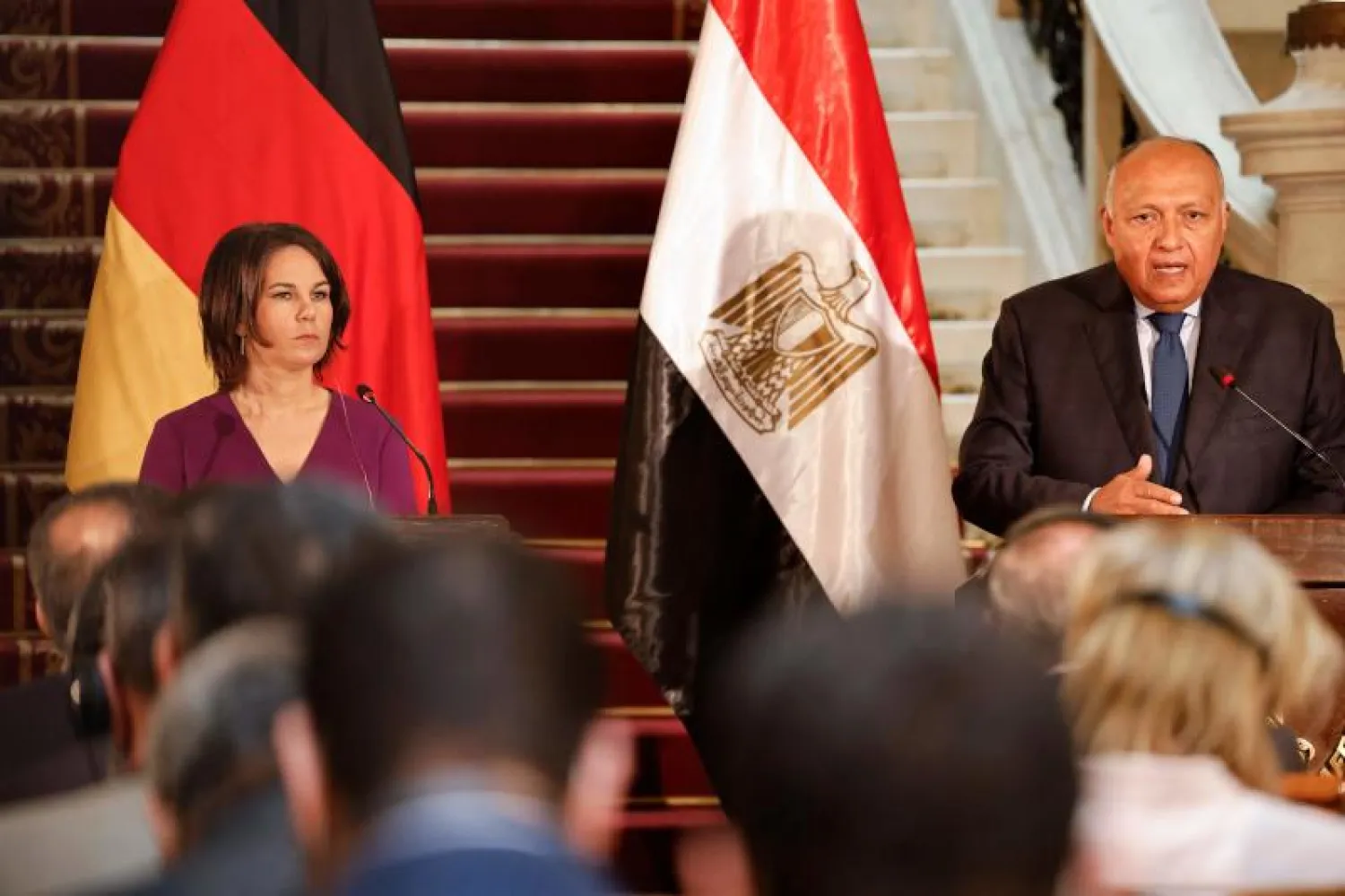 جانب من المؤتمر الصحافي لوزيري خارجية مصر وألمانيا (أ.ف.ب)