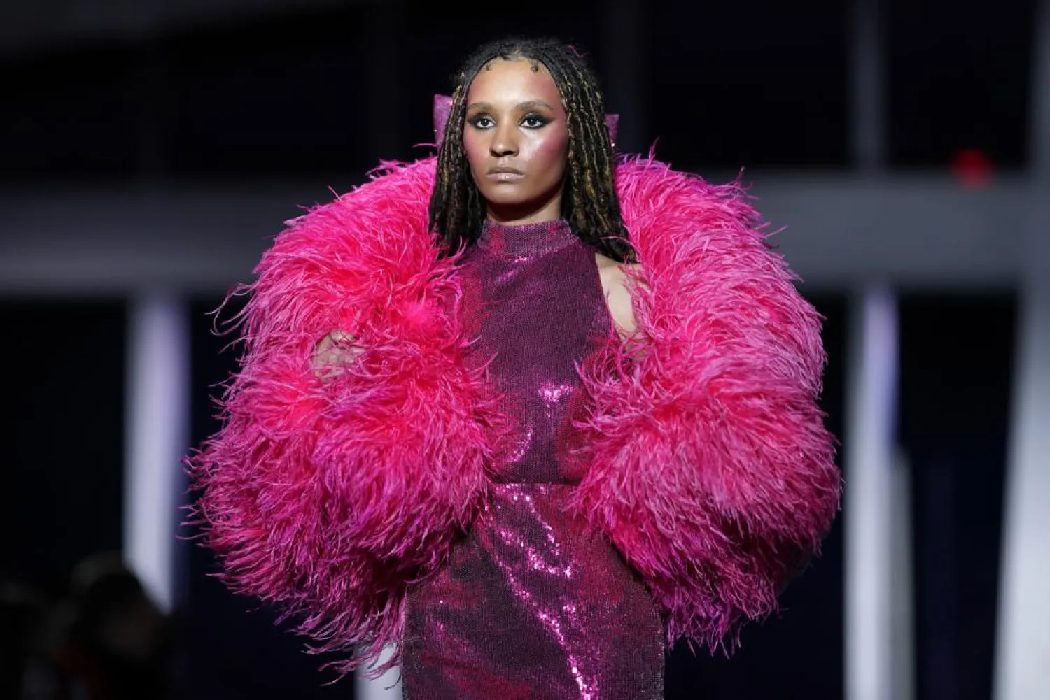 The Christian Cowan Fall/Winter 2022 collection is modeled at the One World Trade Center during New York Fashion Week on Friday, Feb. 11, 2022, in New York. (AP)