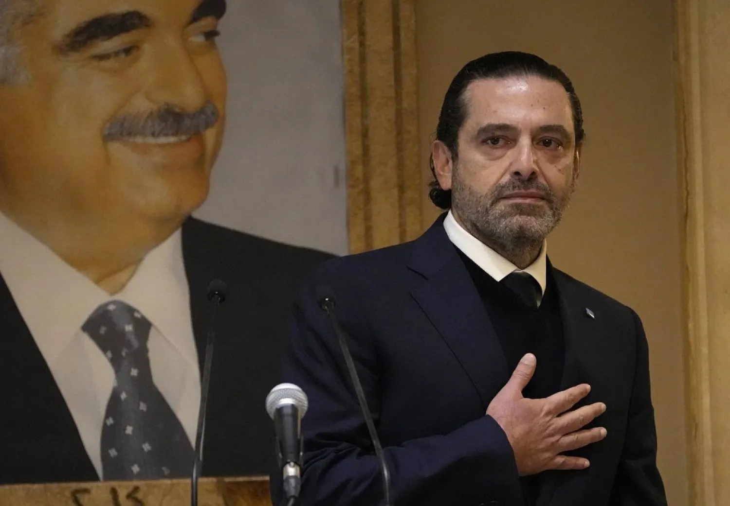 Former Lebanese Prime Minister Saad Hariri was visibly emotional as he announced he is suspending his work in politics and will not run in May's parliamentary elections. (AP)