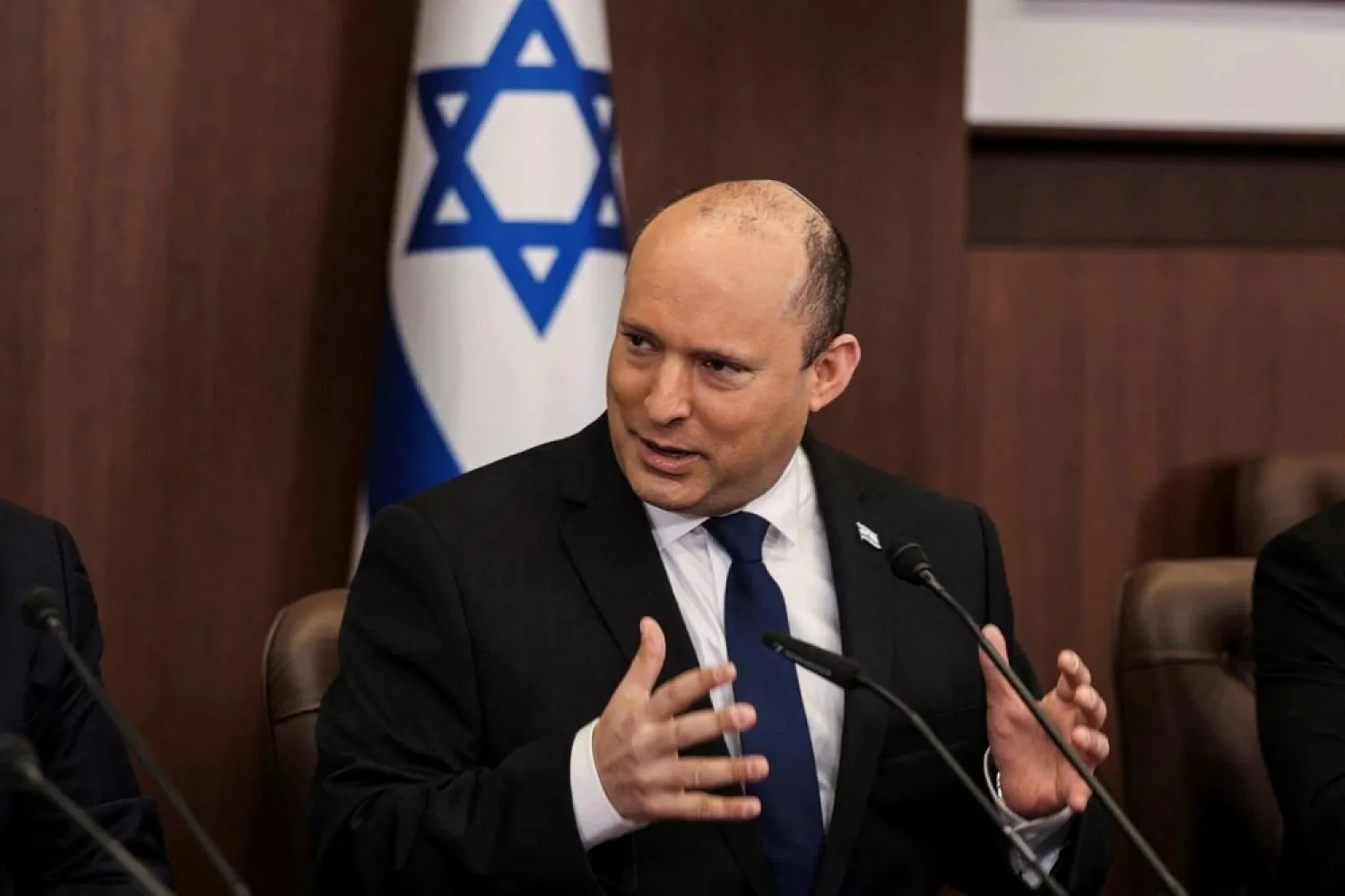 Israeli Prime Minister Naftali Bennett chairs the weekly cabinet meeting at the prime minister's office in Jerusalem February 13, 2022. (Reuters)