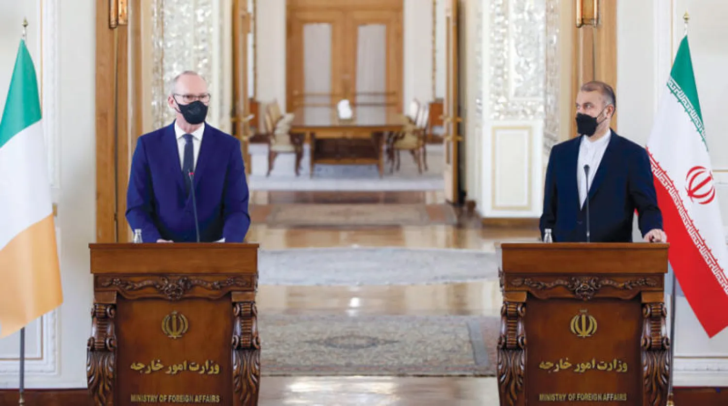 وزير الخارجية الإيراني ونظيره الآيرلندي خلال مؤتمر صحافي في طهران أمس (إ.ب.أ)