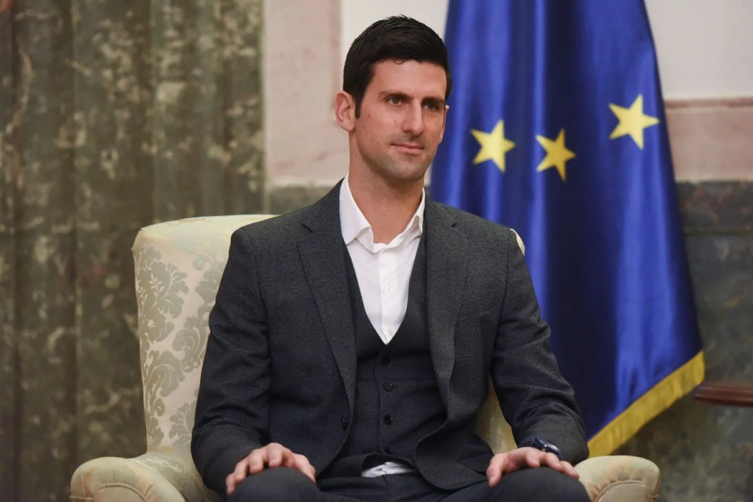 Serbian tennis player Novak Djokovic speaks with Serbia's President in Belgrade, Serbia, February 3, 2022. (Reuters)