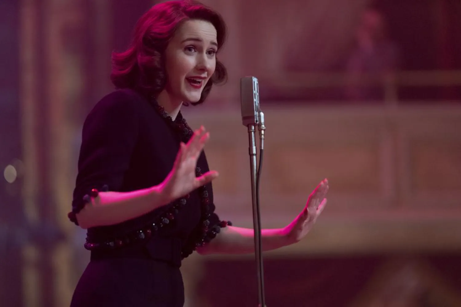This image released by Amazon Studios shows Rachel Brosnahan in a scene from "The Marvelous Mrs. Maisel." (Amazon Studios via AP)