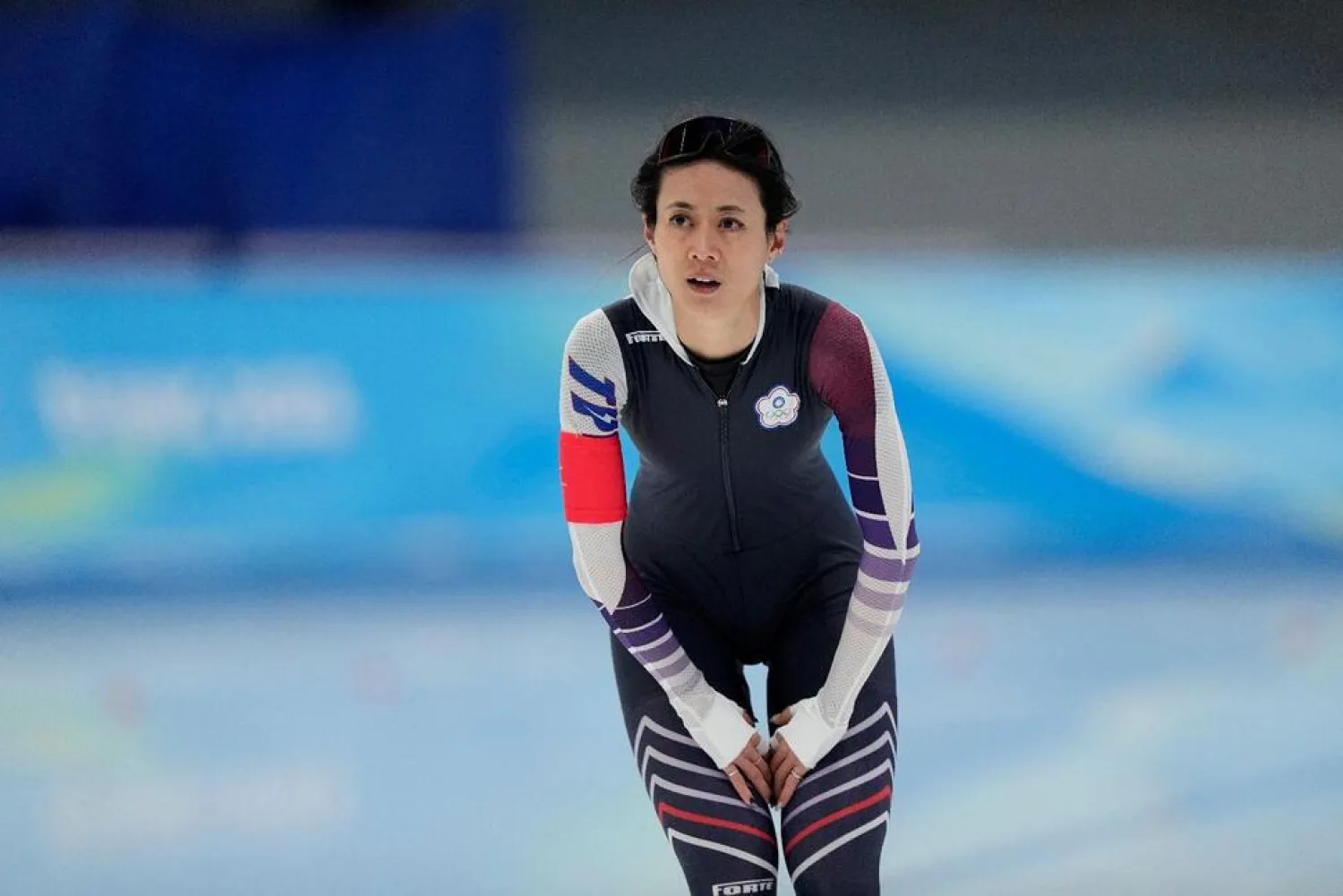  Huang Yu-ting of Taiwan reacts after her heat in the speedskating women's 500-meter race at the 2022 Winter Olympics, Sunday, Feb. 13, 2022, in Beijing. (AP)