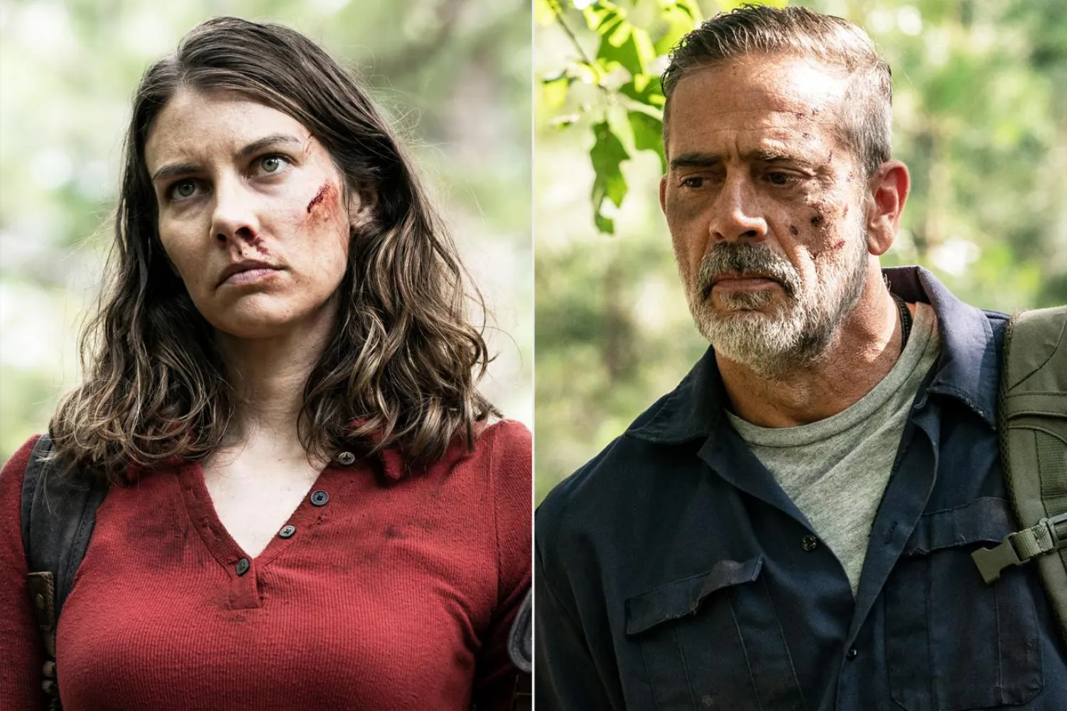 Maggie (solda), 11. sezonun No Other Way adlı bölümünde Negan (sağda) gibi vahşi bir karaktere dönüştü (AMC)