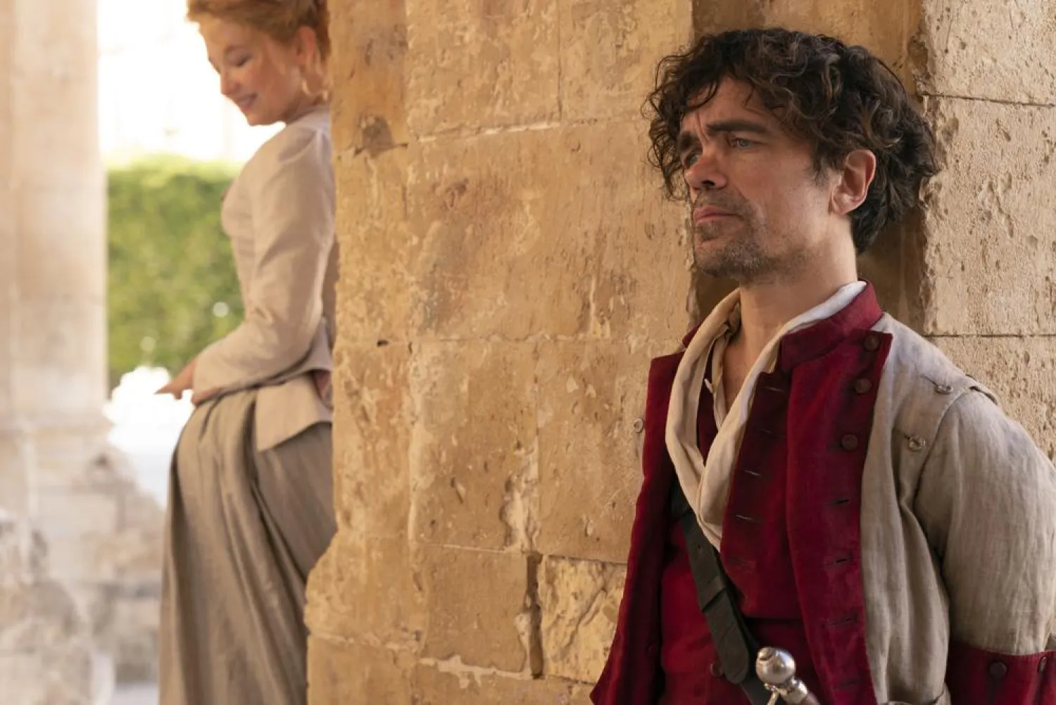 This image released by MGM shows Haley Bennett as Roxanne, left, and Peter Dinklage as Cyrano in Joe Wright's "Cyrano." (Metro-Goldwyn-Mayer Pictures via AP)