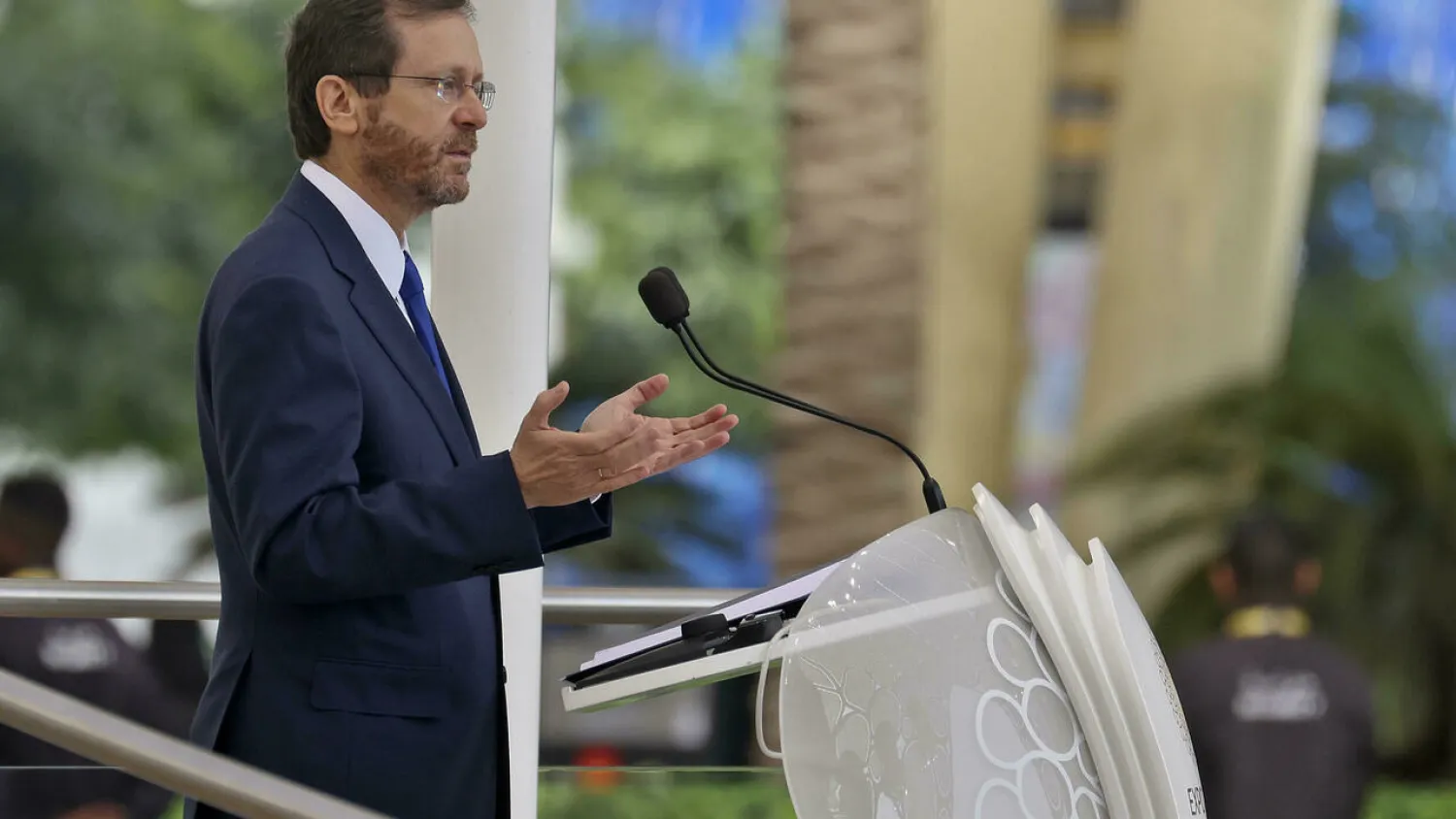 Israel's President Isaac Herzog speaks at al-Wasl Dome at Expo 2020 Dubai during Israel's expo National Day. Karim SAHIB AFP
