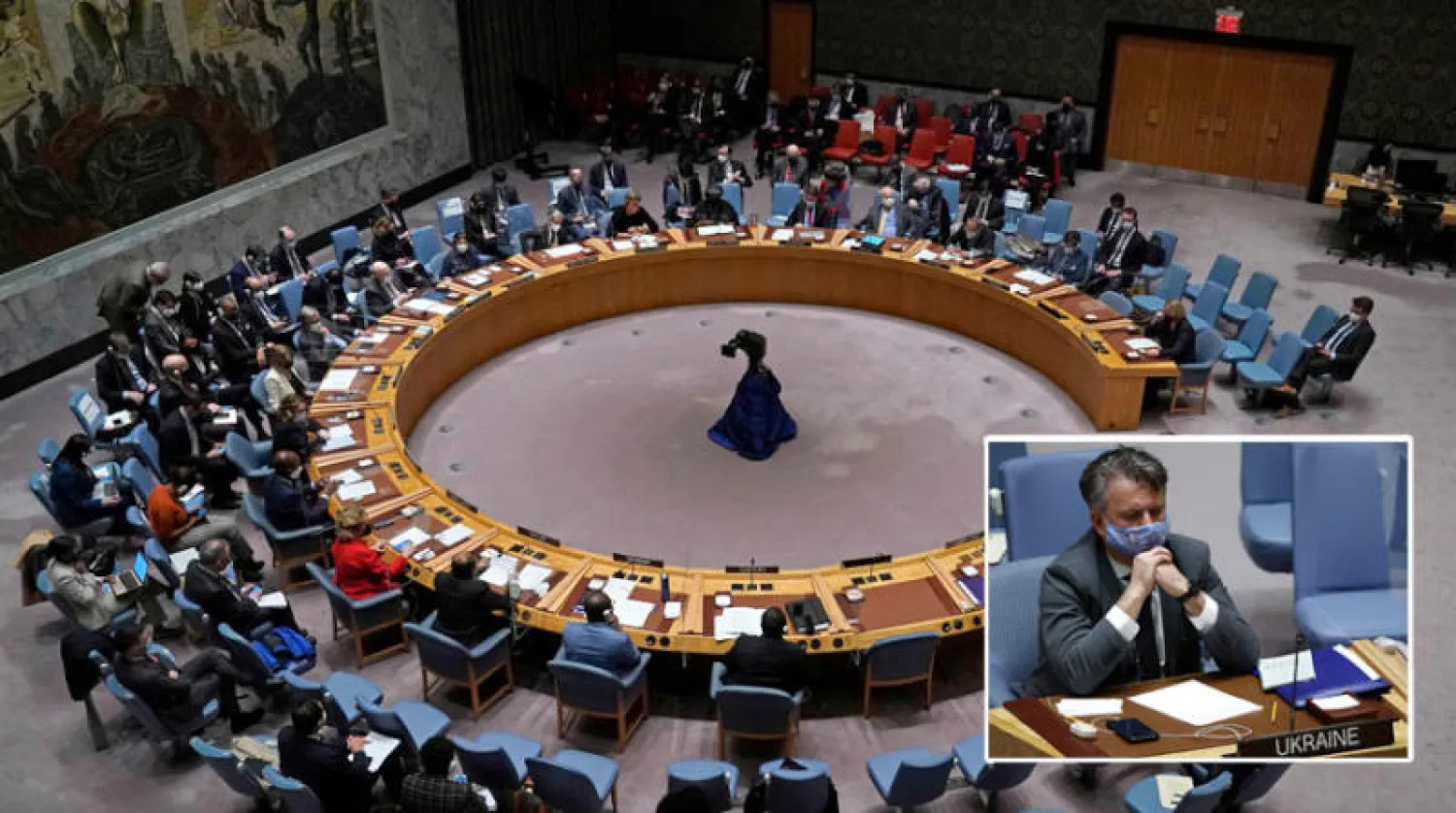 مجلس الأمن يناقش الأزمة الأوكرانية (أ.ف.ب)، وفي الاطار مندوب أوكرانيا سيرغي كيسلاستيا (إ.ب.أ)