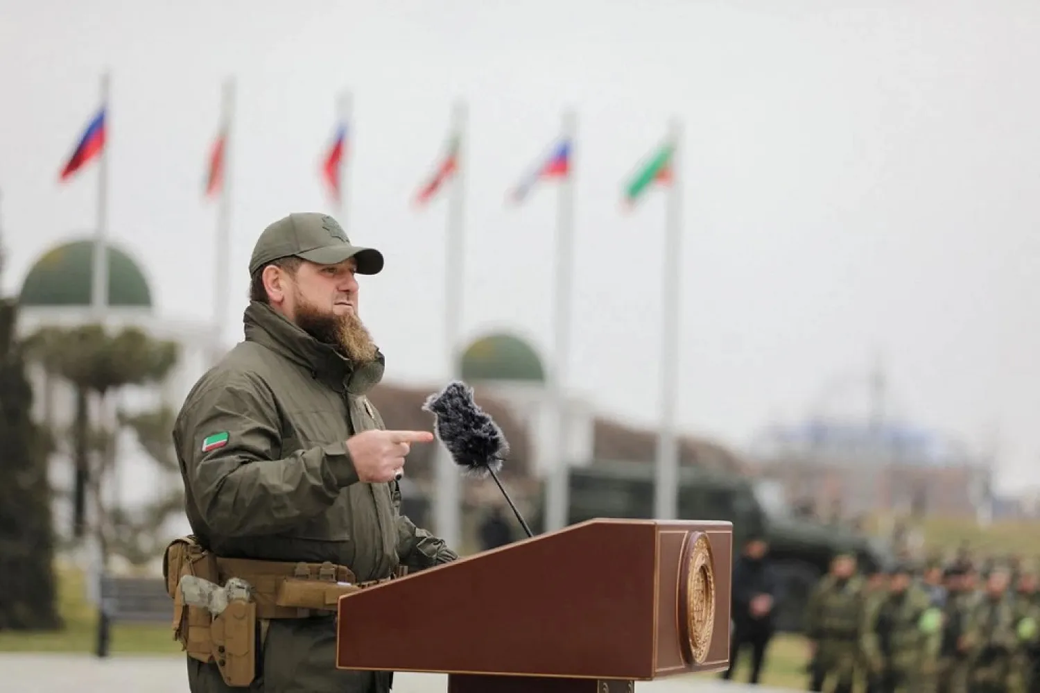 Head of the Chechen Republic Ramzan Kadyrov addresses service members while making a statement, dedicated to a military conflict in Ukraine, in Grozny, Russia February 25, 2022. (Reuters)