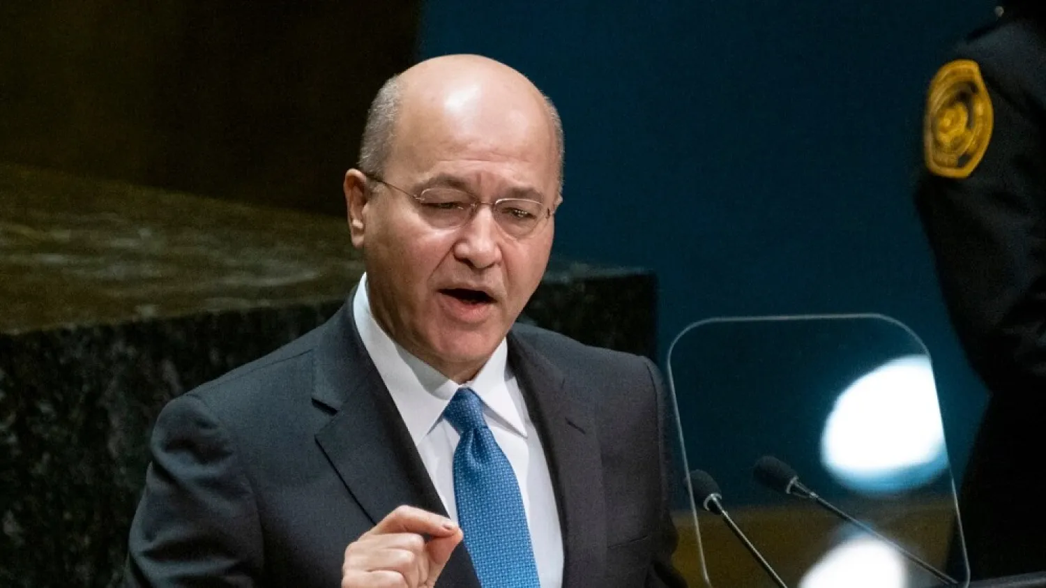 Iraqi President Barham Salih addresses the 74th session of the United Nations General Assembly, Wednesday, Sept. 25, 2019, at the United Nations headquarters. (AP)