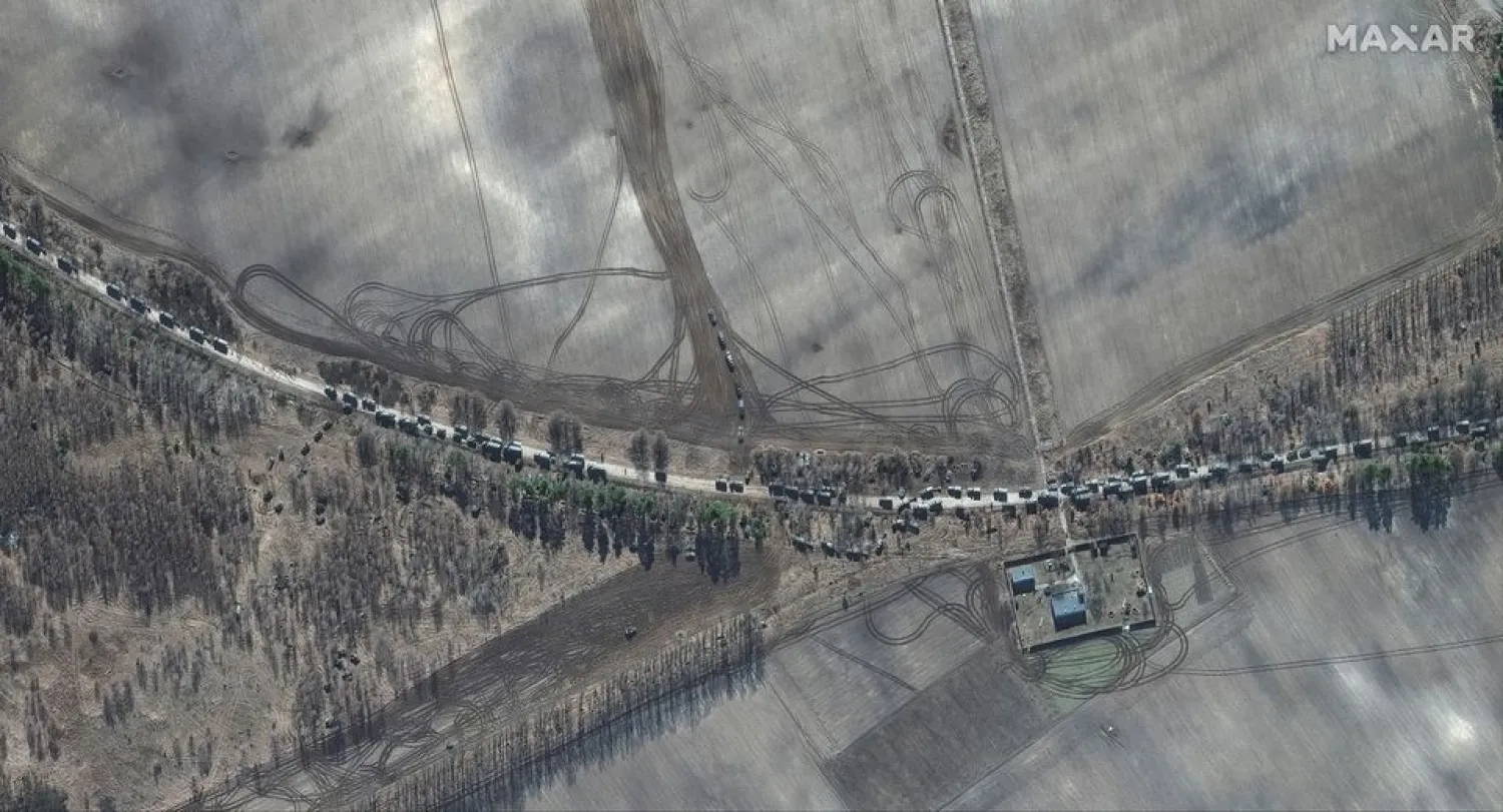 A satellite image shows southern end of convoy armor towed artillery trucks, east of Antonov airport, Ukraine, February 28, 2022. Satellite image ©2022 Maxar Technologies/Handout via REUTERS


