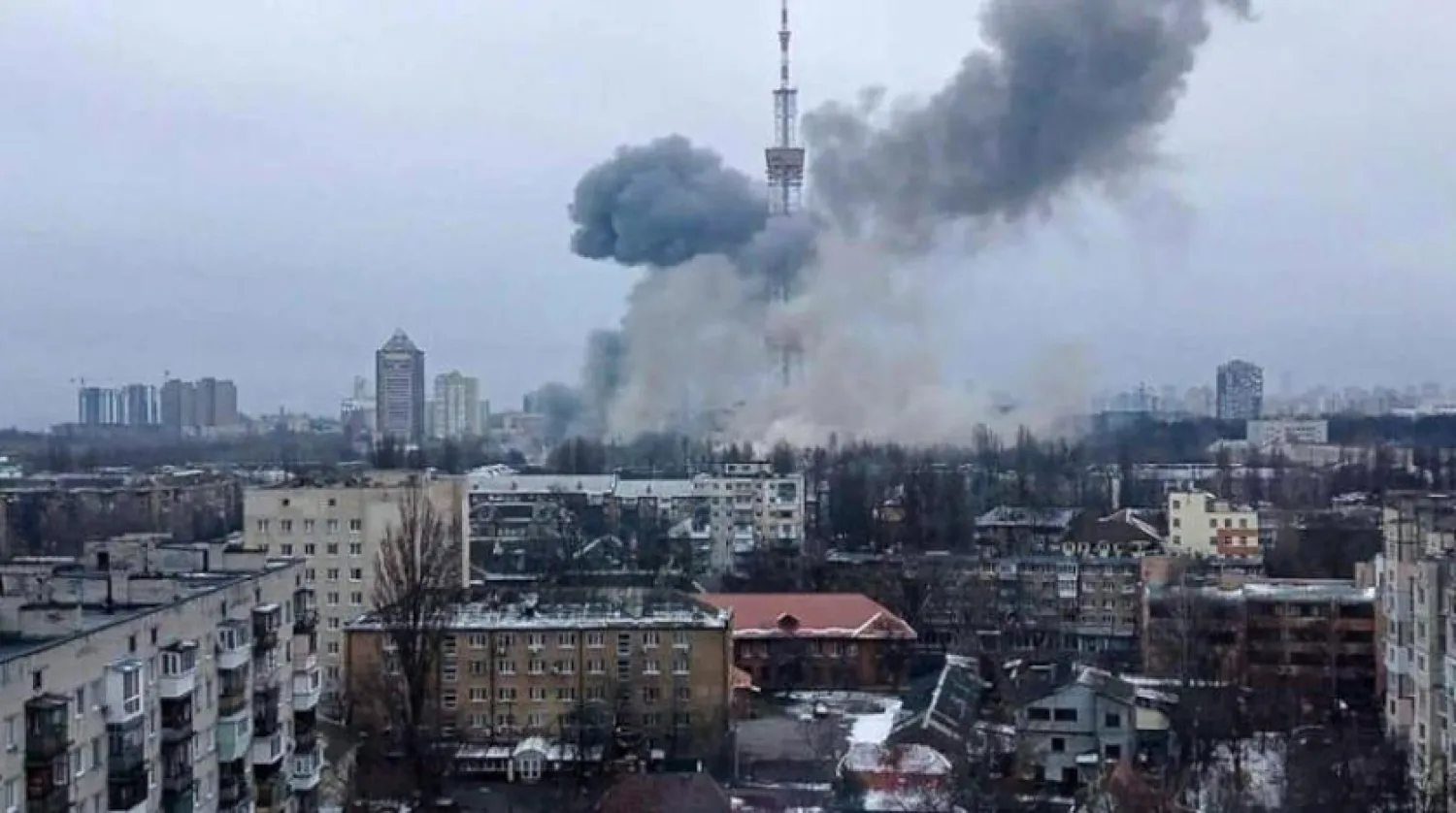 Ukrayna İçişleri Bakanlığı dün Kiev'deki televizyon kulesinin hedef alındığı bombalı saldırıya ilişkin görüntüleri yayınladı. (AFP