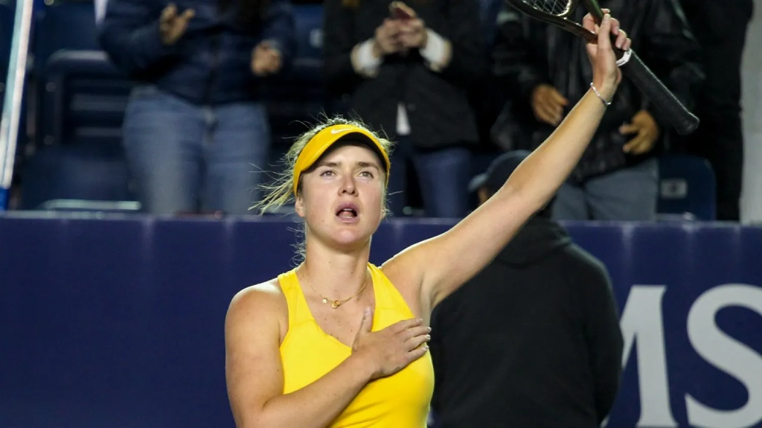 Ukraine's Elina Svitolina reacts after her win over Russian Anastasia Potapova on March 1, 2022 at the Monterrey Open. (AP)