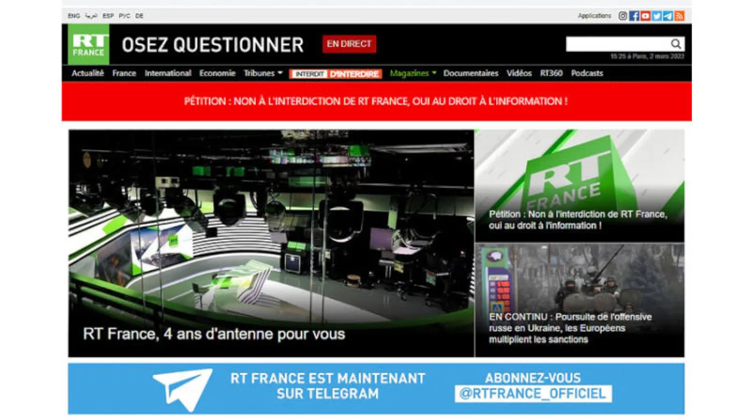 أعلنت النسخة الفرنسية من قناة «روسيا اليوم» توقفها عن البث تنفيذاً لقرار أصدره الاتحاد الأوروبي (أ.ف.ب)