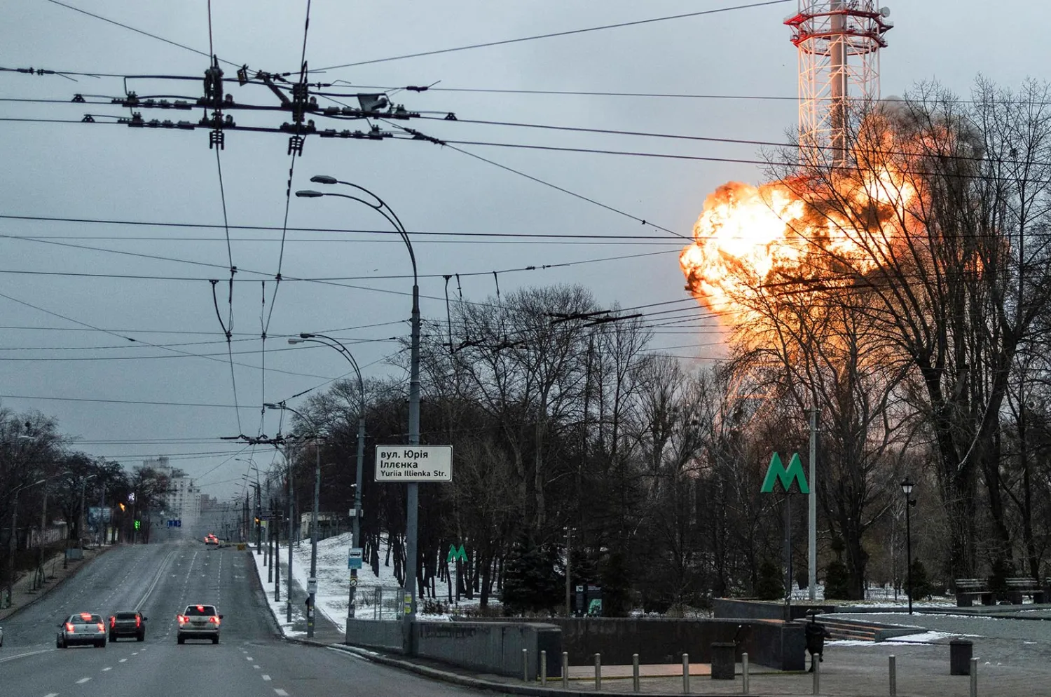 A Russian missile hits a TV tower in Kyiv, Ukraine on March 1, 2022. Carlos Barria / Reuters