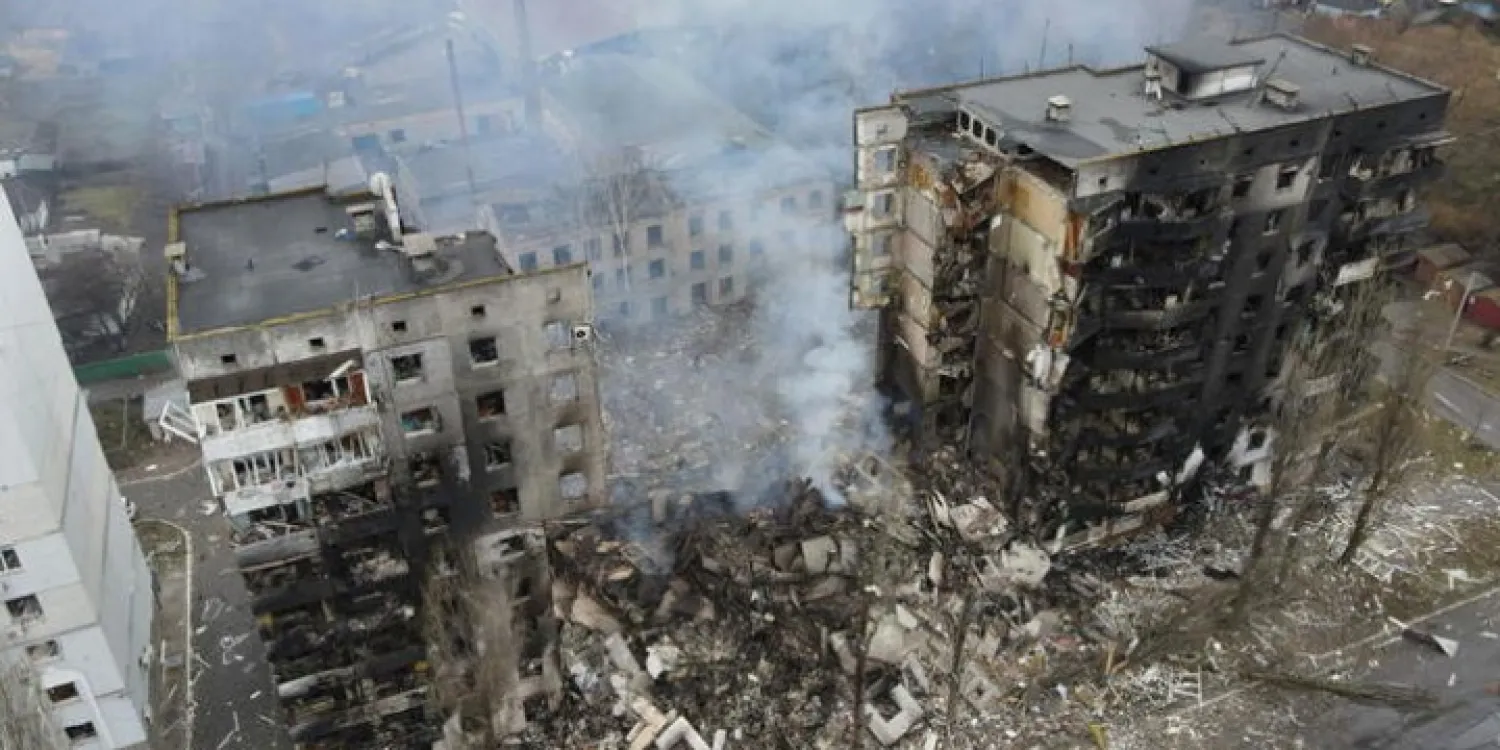 An aerial view shows a residential building destroyed by shelling in the settlement of Borodyanka in the Kyiv region, Ukraine March 3, 2022. REUTERS/Maksim Levin
