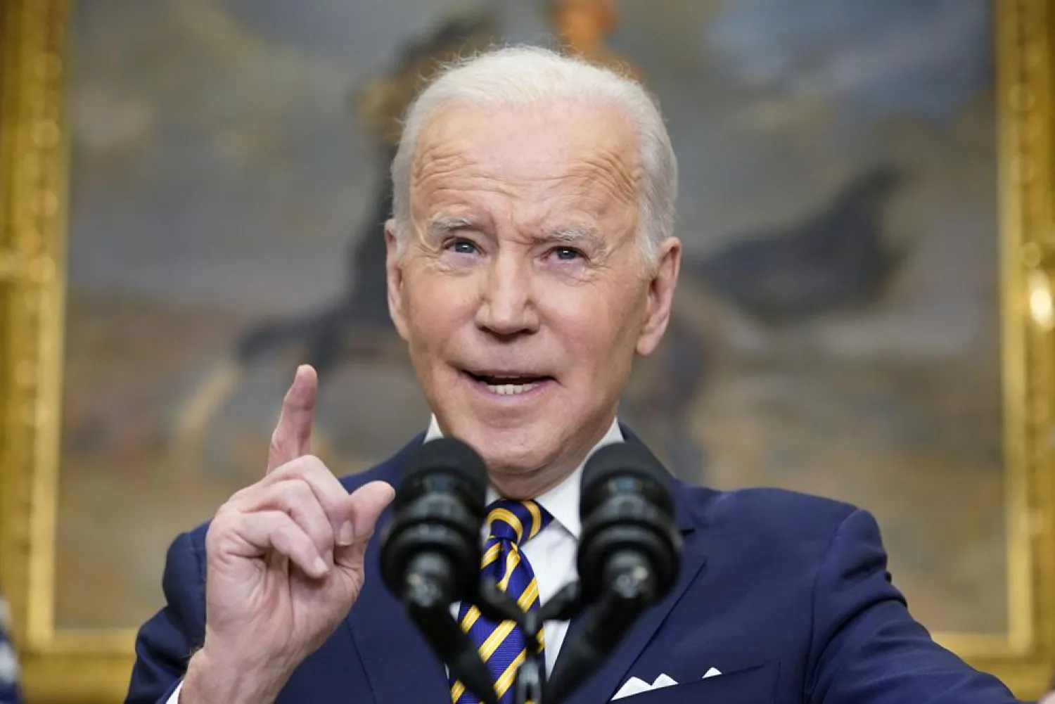 President Joe Biden announces a ban on Russian oil imports, toughening the toll on Russia's economy in retaliation for its invasion of Ukraine, Tuesday, March 8, 2022, in the Roosevelt Room at the White House in Washington. (AP)