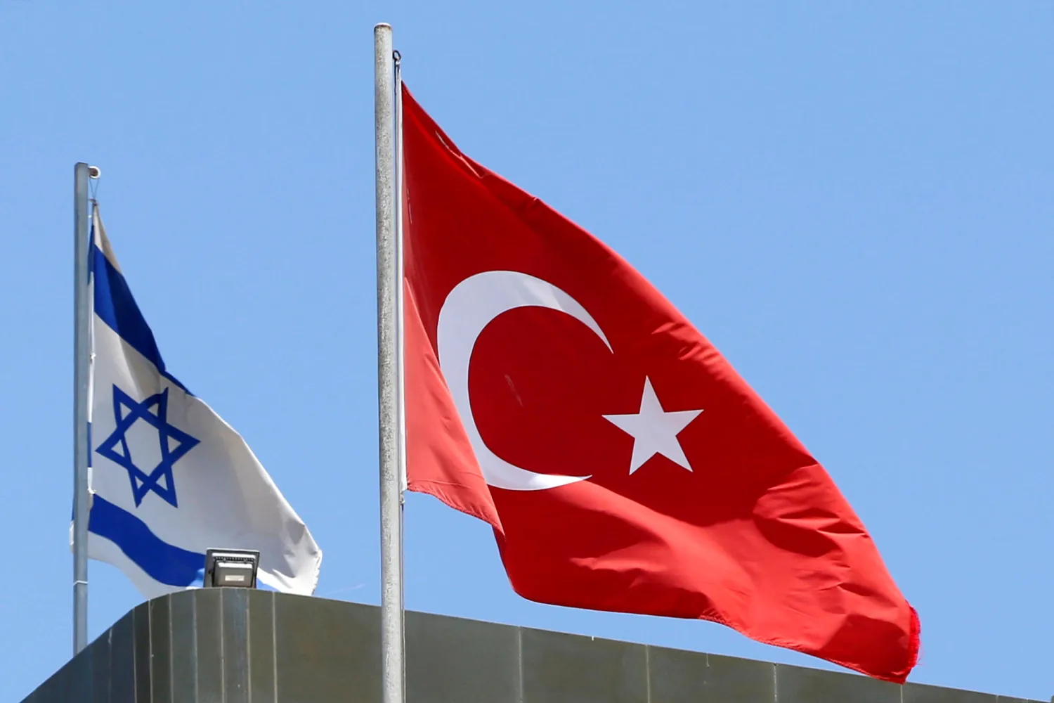 A Turkish flag flutters atop the Turkish embassy as an Israeli flag is seen nearby, in Tel Aviv, Israel June 26, 2016. REUTERS/Baz Ratner/File Photo

