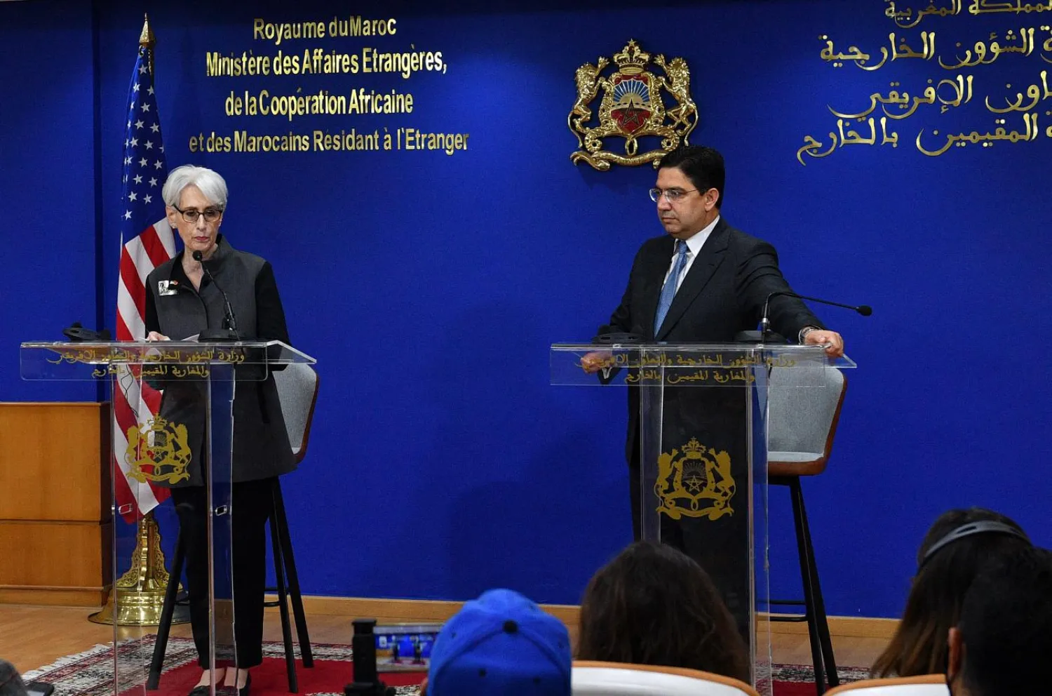 Morocco's Foreign Minister Nasser Bourita and US Deputy Secretary of State Wendy Sherman (L) give a joint press conference following their meeting in Rabat on 8 March, 2022. (AFP)