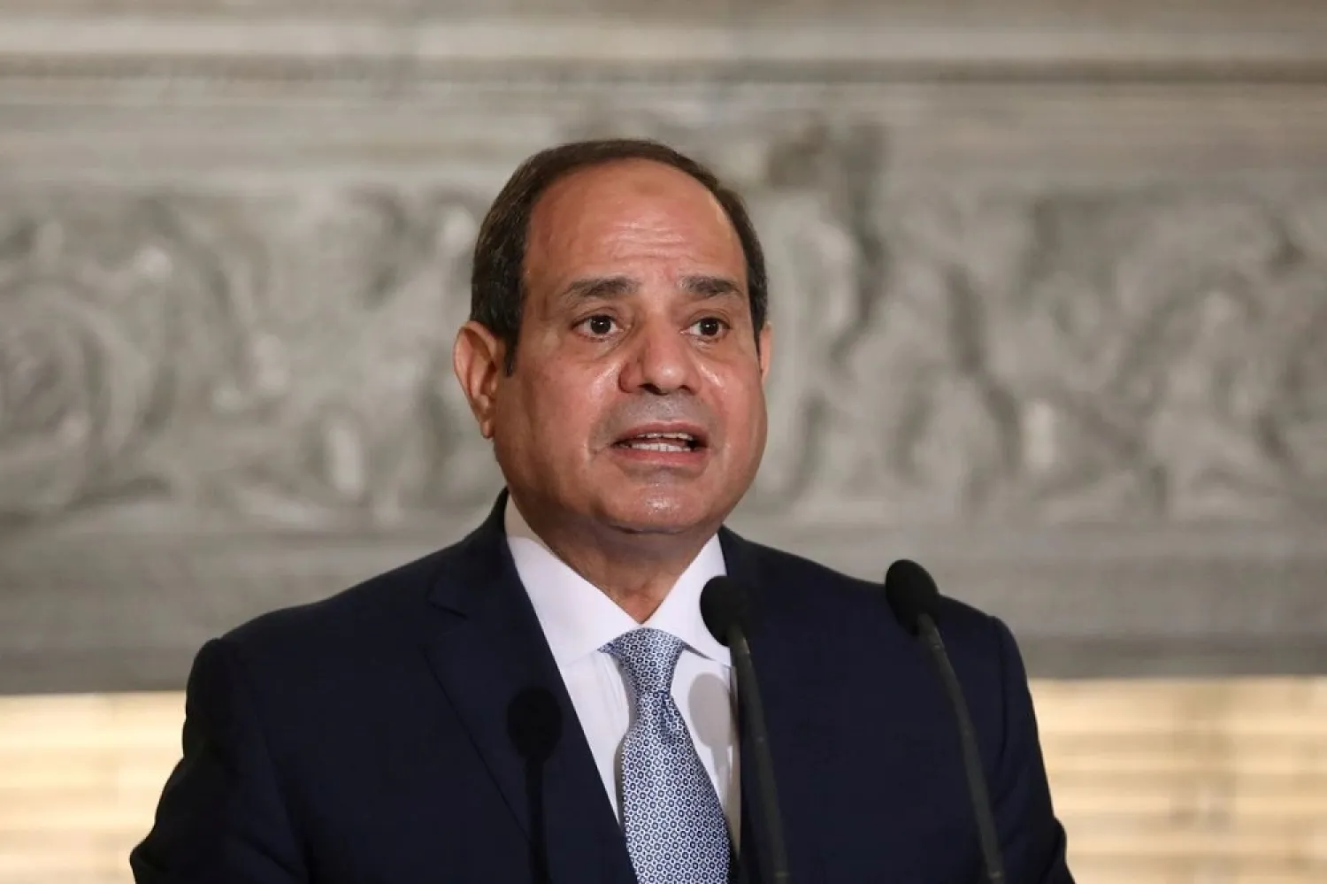 Egyptian President Abdel Fattah al-Sisi speaks during a joint news conference with Greek Prime Minister Kyriakos Mitsotakis at Maximos Mansion in Athens, Greece, November 11, 2020. (Reuters)
