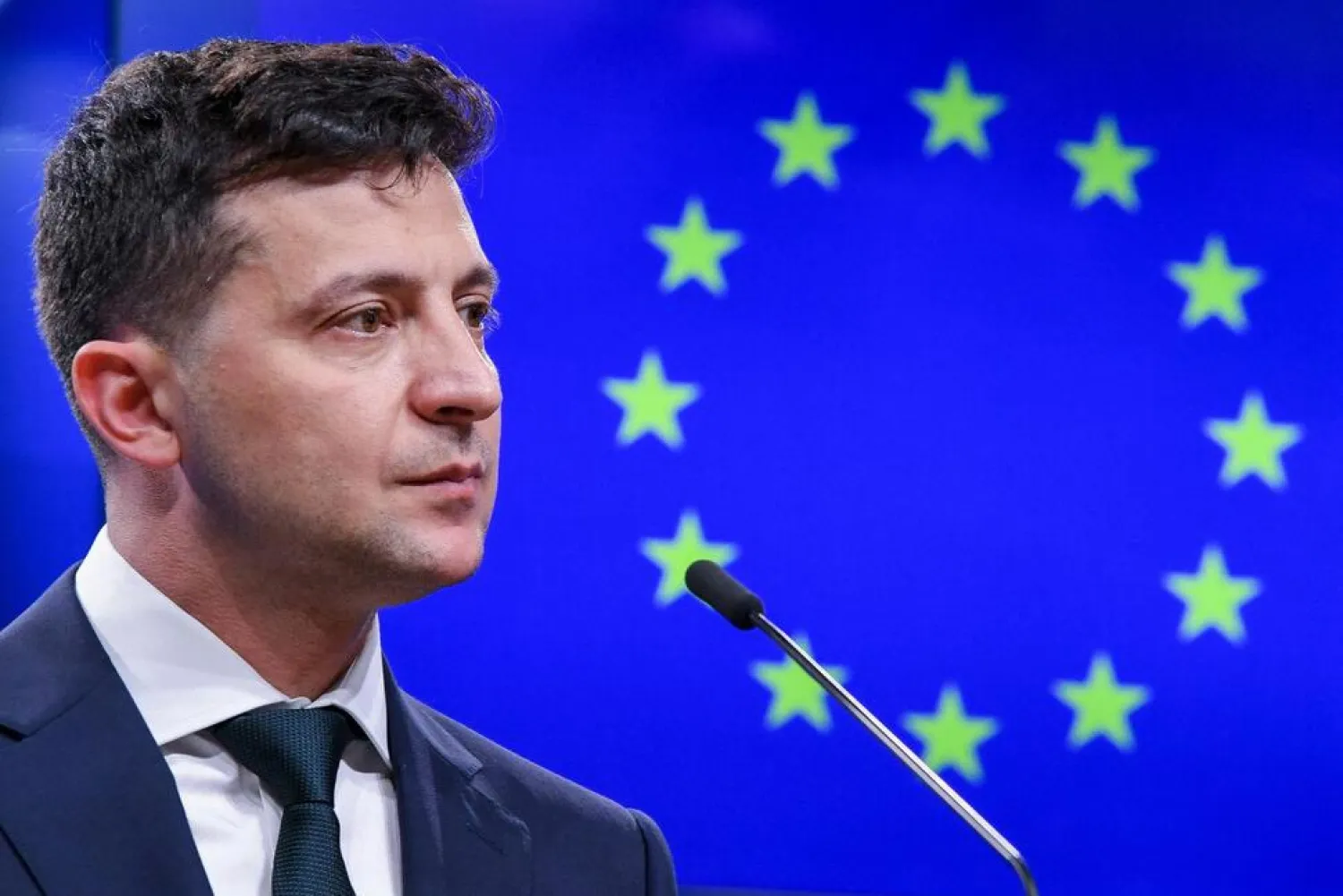 Ukrainian President Volodymyr Zelenskyy speaks during a media conference at the Europa building in Brussels, June 5, 2019. (AP)