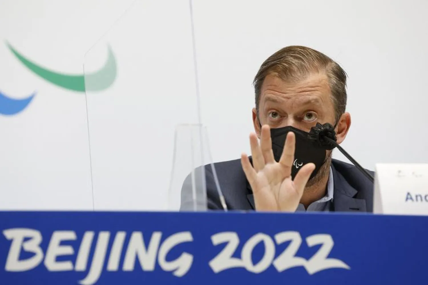 Beijing 2022 Winter Paralympic Games - International Paralympic Committee Press Conference - Main Media Center, Beijing, China - March 3, 2022. IPC President Andrew Parsons during a press conference to announce that Russian Paralympic Committee and Belarus athletes would no longer take part in the Beijing 2022 Winter Paralympic Games REUTERS/Peter Cziborra
