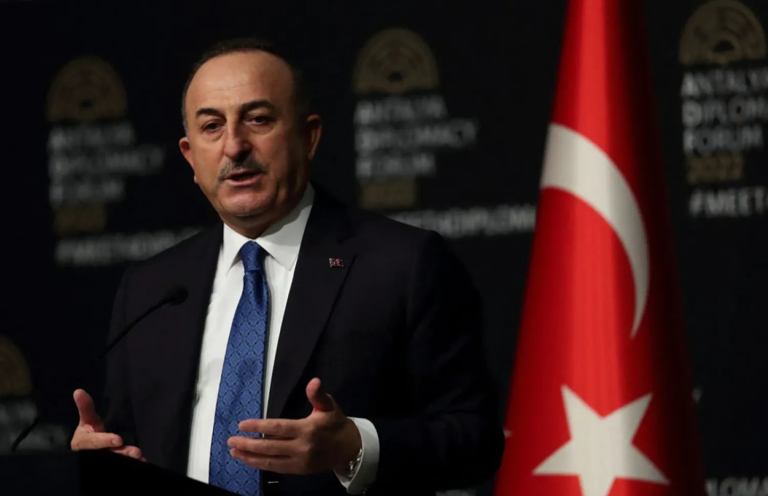 Turkish Foreign Minister Mevlut Cavusoglu speaks during a news conference after meeting with his counterparts Russian Sergei Lavrov and Ukrainian Dmytro Kuleba, amid Russia's invasion of Ukraine, in Antalya, Turkey March 10, 2022. REUTERS/Murad Sezer

