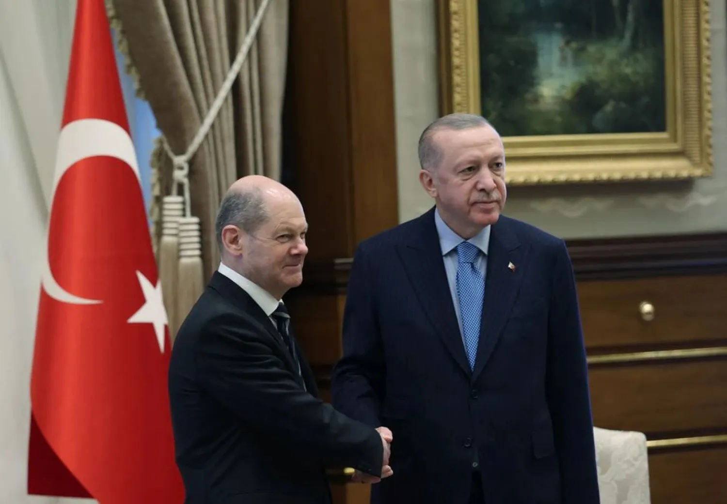 Turkish President Tayyip Erdogan meets with German Chancellor Olaf Scholz at the Presidential Palace?in Ankara, Turkey March 14, 2022. Presidential Press Office/Handout via Reuters