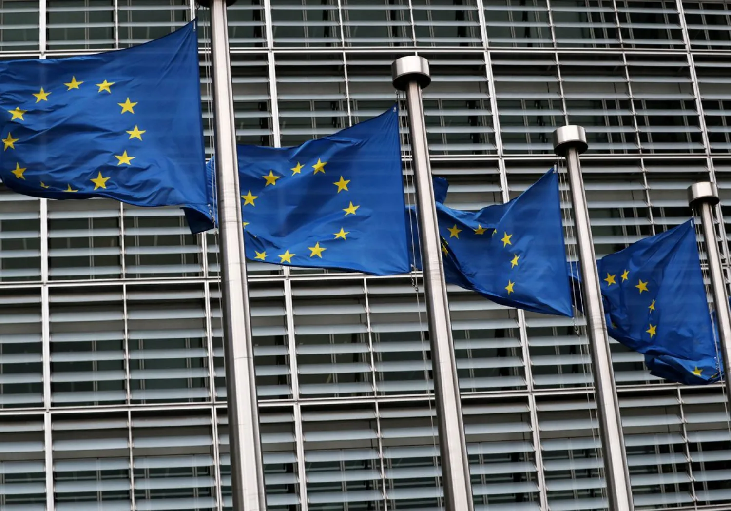 European Union flags fly outside the European Commission headquarters in Brussels, Belgium, March 6, 2019. (Reuters)