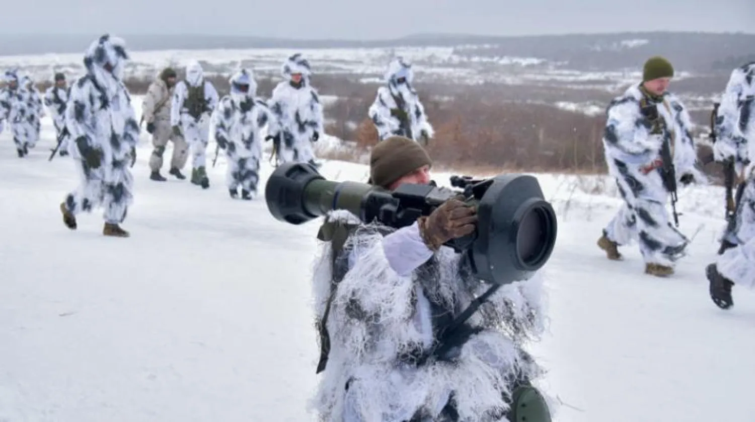 Ukrainian soldiers training with NLAW military materiel during a drill in western Ukraine (EPA)

