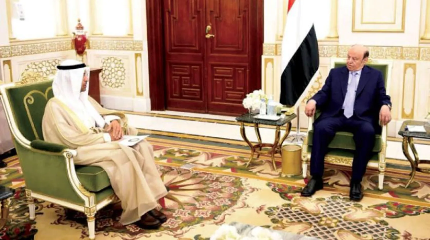  Yemeni President Abdrabbuh Mansur Hadi during a meeting with Secretary General of the Gulf Cooperation Council (GCC) for Arab States Dr. Nayef al-Hajraf in Riyadh on Monday, March 14, 2022.  
