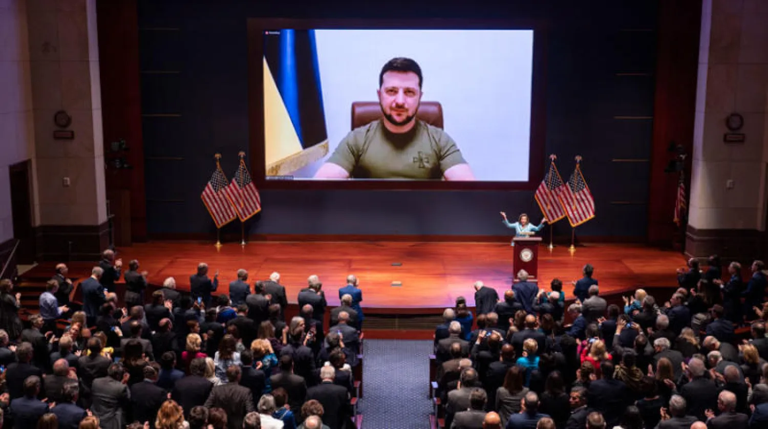 دعا الرئيس الأوكراني أمام الكونغرس الشركات الأميركية كلها إلى مغادرة روسيا ووقف التعامل معها (إ.ب.أ)