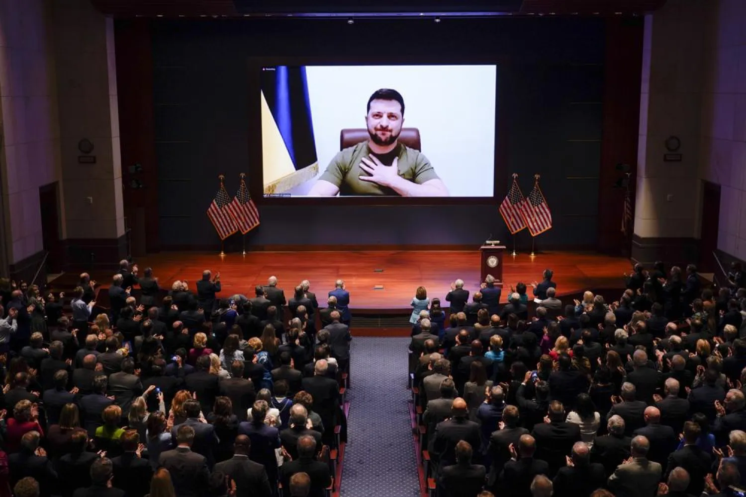 Ukrainian President Volodymyr Zelenskyy speaks to the US Congress by video to plead for support as his country is besieged by Russian forces, at the Capitol in Washington, Wednesday, March 16, 2022. (AP)