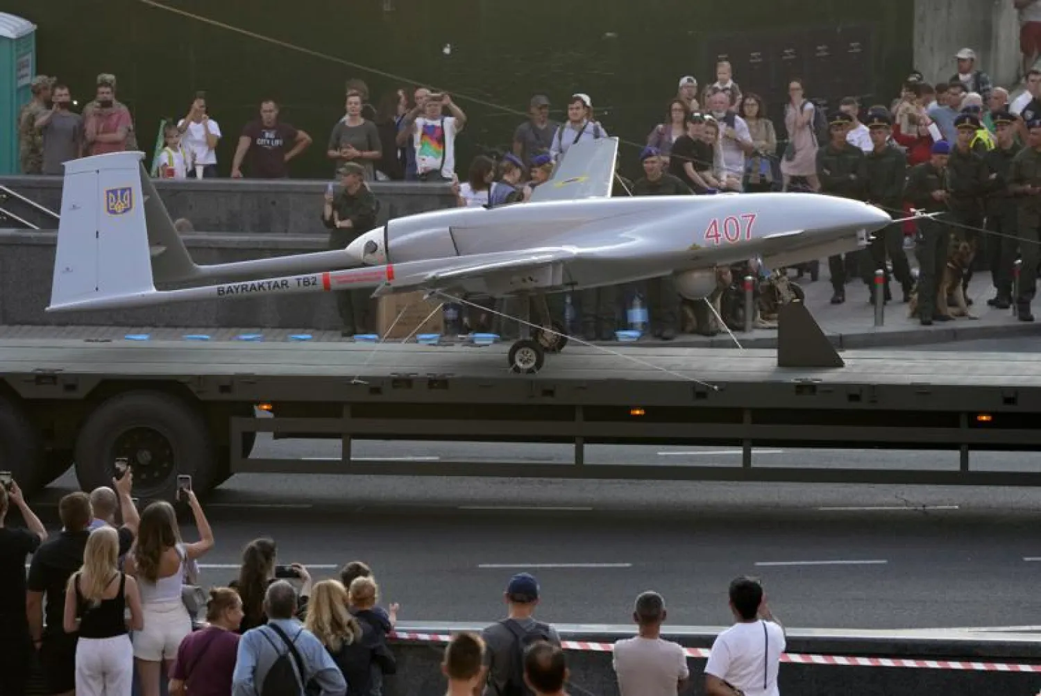 FILE - A Turkish-made Bayraktar TB2 drone is displayed during a rehearsal of a military parade dedicated to Independence Day in Kyiv, Ukraine, Aug. 20, 2021. (AP Photo/Efrem Lukatsky, File)
