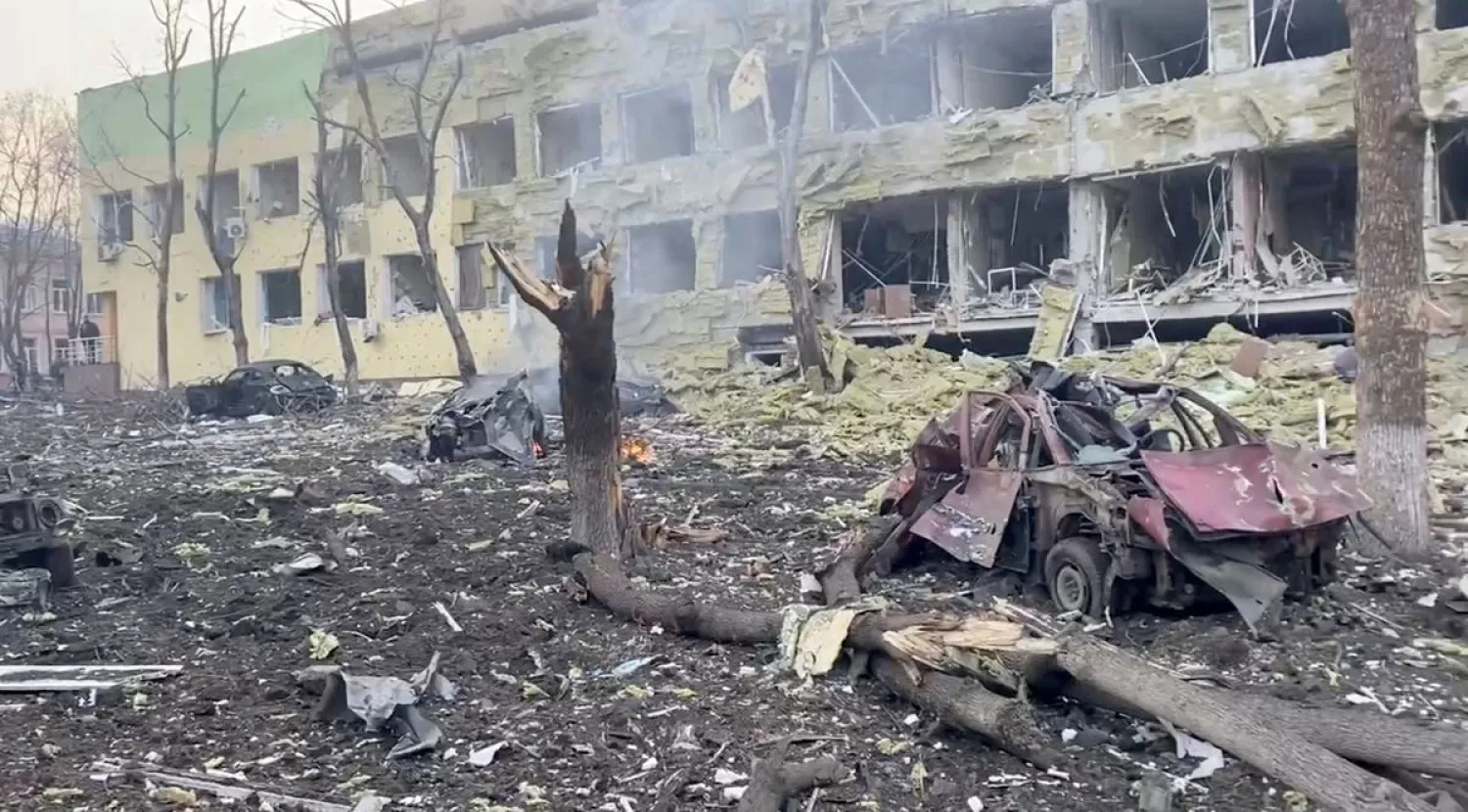 Debris is seen on site of the destroyed Mariupol children's hospital as Russia's invasion of Ukraine continues, in Mariupol, Ukraine, March 9, 2022 in this still image from a handout video obtained by Reuters. Ukraine Military/Handout via REUTERS/File Photo

