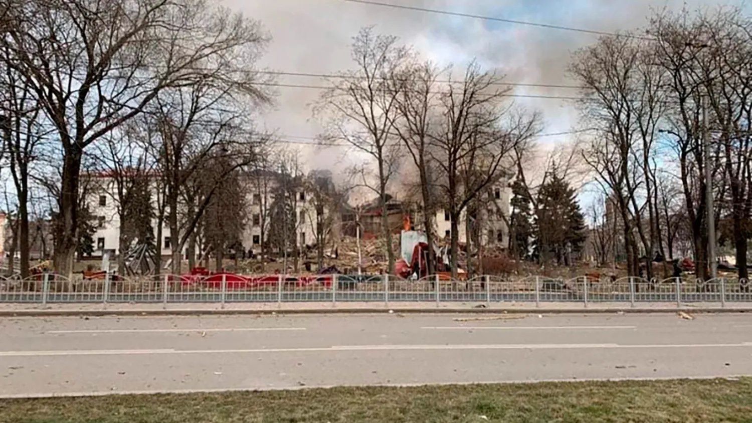 A theater in Mariupol where hundreds were sheltering was hit by a Russian airstrike on Wednesday. (Donetsk Regional Civil-Military Administration Council via AP)