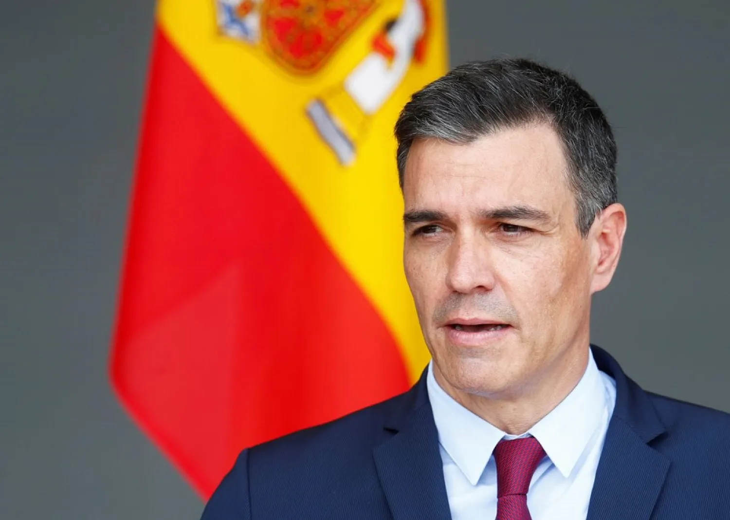 Spanish Prime Minister Pedro Sanchez speaks during news conference in Siauliai air base, Lithuania July 8, 2021. (Reuters)