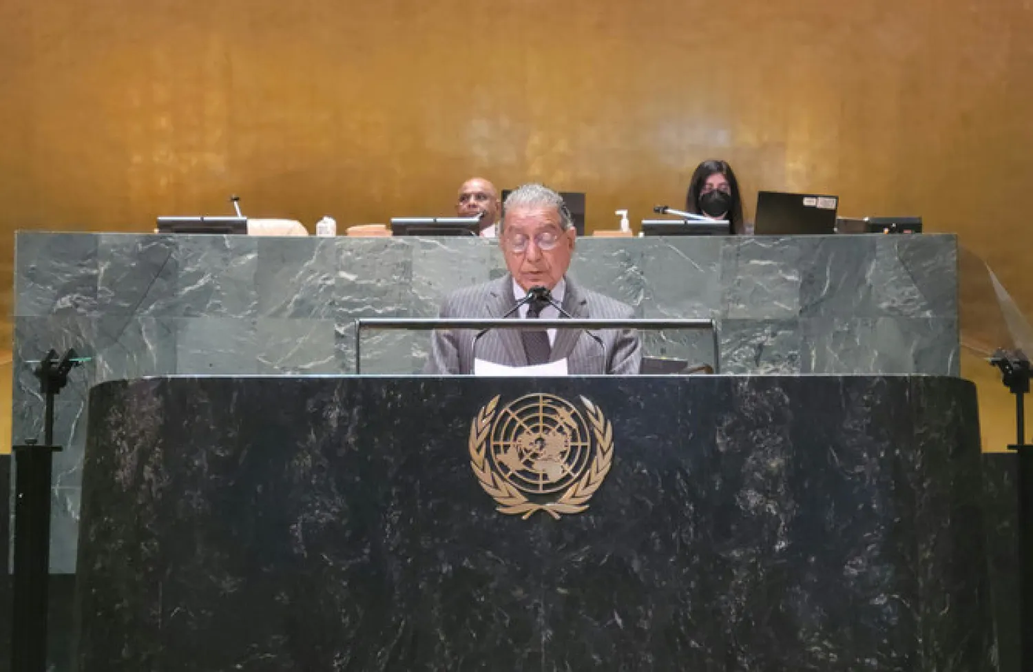 Ambassador Munir Akram, Permanent Representative of Pakistan to the UN, presents an Introductory Statement on Resolution "International Day to Combat Islamophobia" March, 15, 2022, New York. (UN Perm Rep Pakistan)
