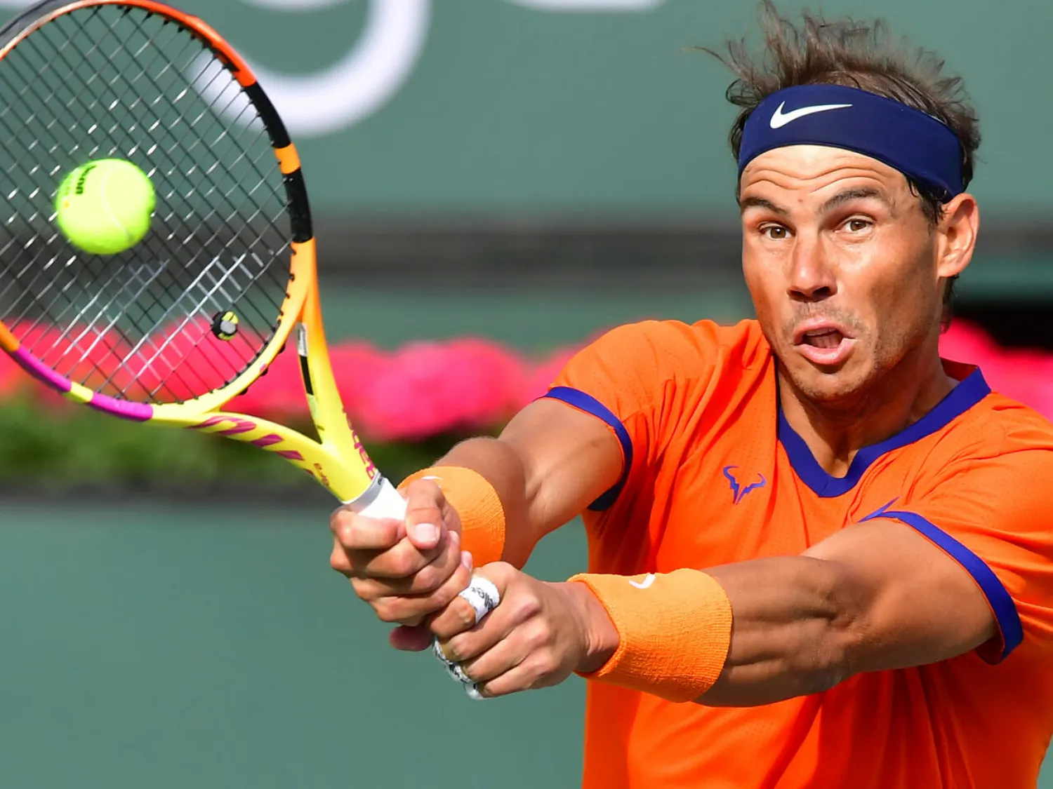 Spain's Rafael Nadal on the way to a semi-final victory over compatriot Carlos Alcaraz in the semi-finals of the BNP Paribas Open at Indian Wells Frederic J. BROWN AFP

