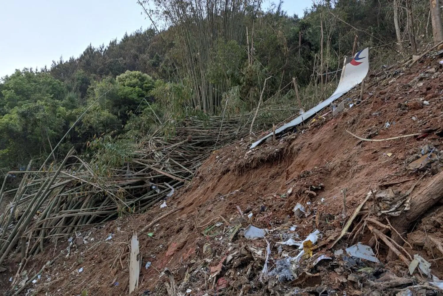 In this photo taken by mobile phone released by Xinhua News Agency, a piece of wreckage of the China Eastern's flight MU5735 are seen after it crashed on the mountain in Tengxian County, south China's Guangxi Zhuang Autonomous Region on Monday, March 21, 2022. (Xinhua via AP)