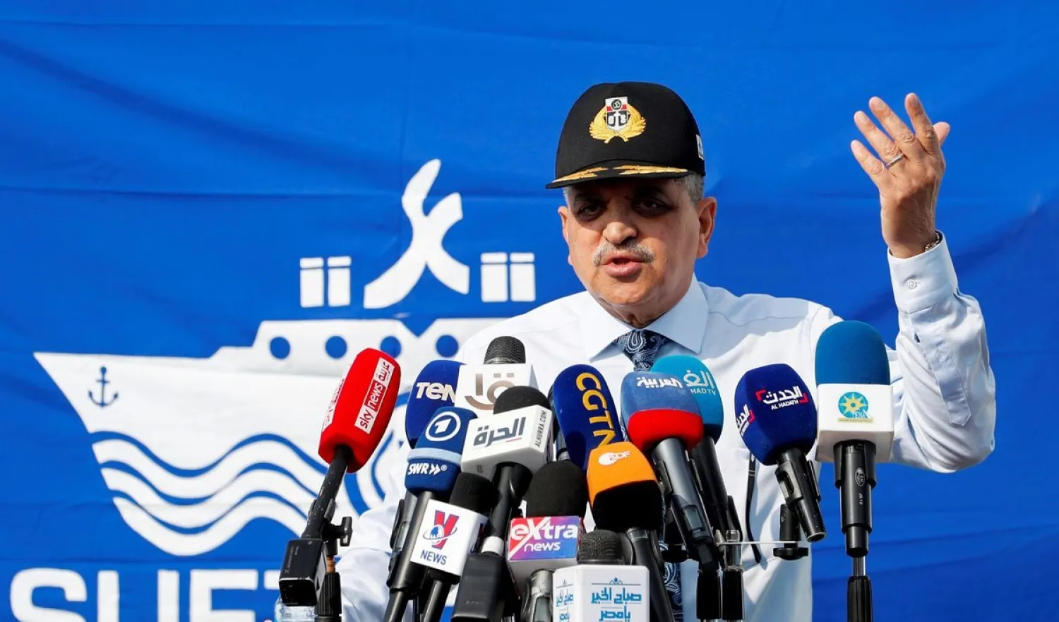 Osama Rabie, Chairman of the Suez Canal Authority, speaks during a news conference, in Suez, Egypt February 15, 2022. (Reuters)