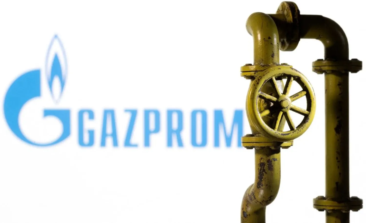 A 3D printed natural gas pipeline is placed in front of displayed Gazprom logo in this illustration taken February 8, 2022. REUTERS/Dado Ruvic/Illustration

