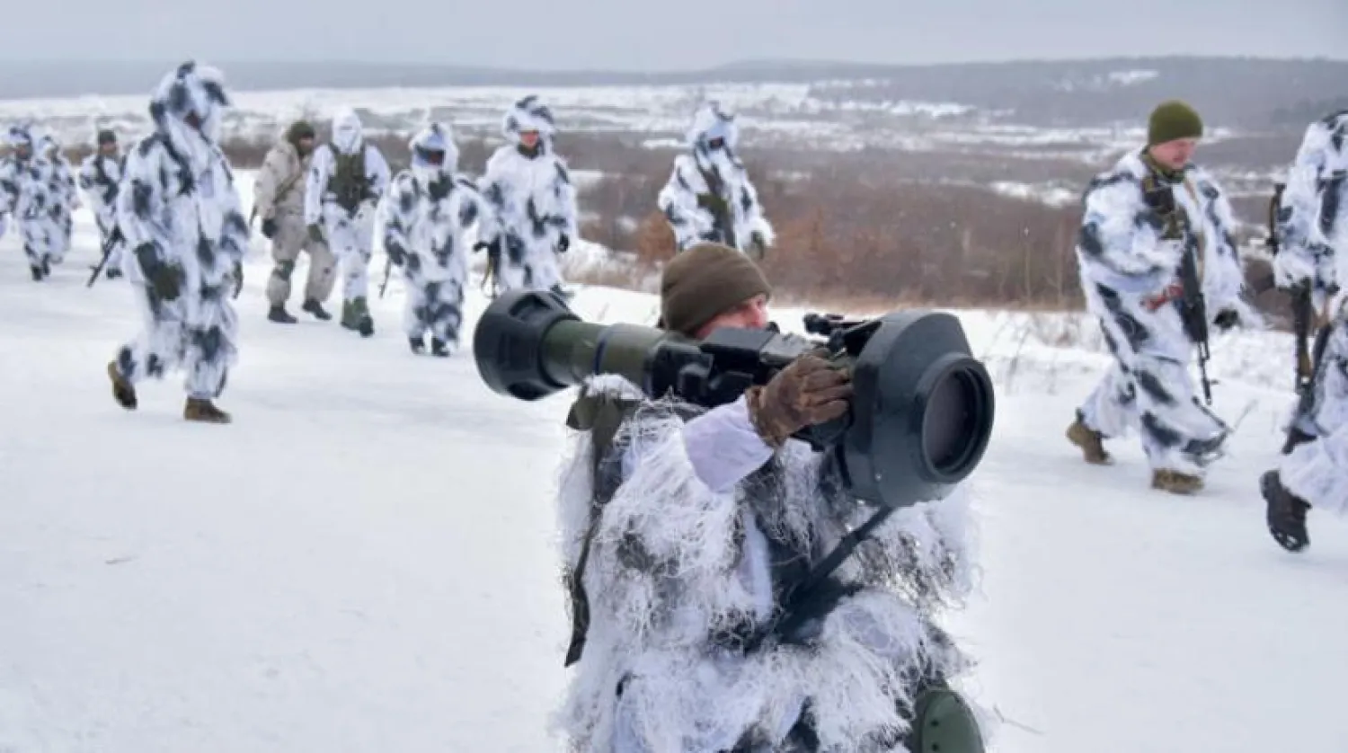 Ukrainian soldiers training with NLAW military materiel during a drill in western Ukraine (EPA)
