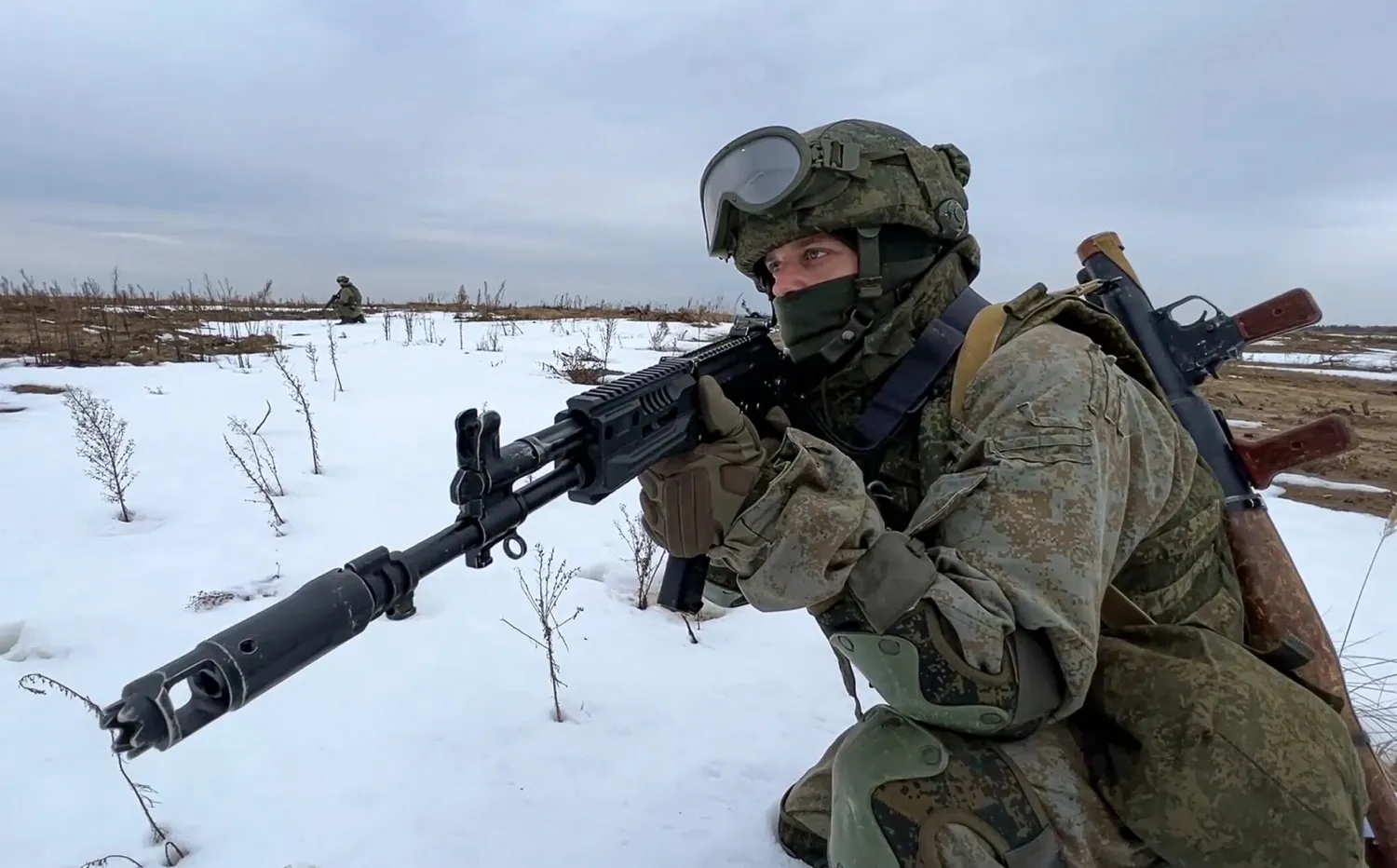 In this photo made from video provided by the Russian Defense Ministry Press Service on February 19, 2022, a Russian marine takes his position during the Union Courage-2022 Russia-Belarus military drills at the Obuz-Lesnovsky training ground in Belarus. (Russian Defense Ministry Press Service via AP)
