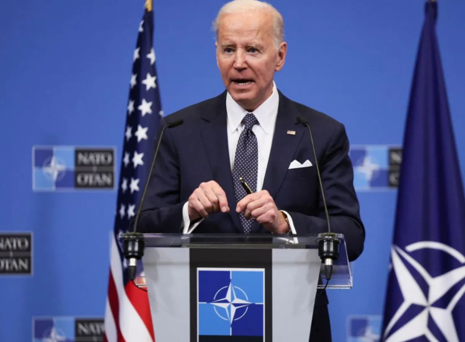 US President Joe Biden speaks during a news conference in the framework of a European Union leaders summit amid Russia's invasion of Ukraine, in Brussels, Belgium March 24, 2022. REUTERS/Evelyn Hockstein