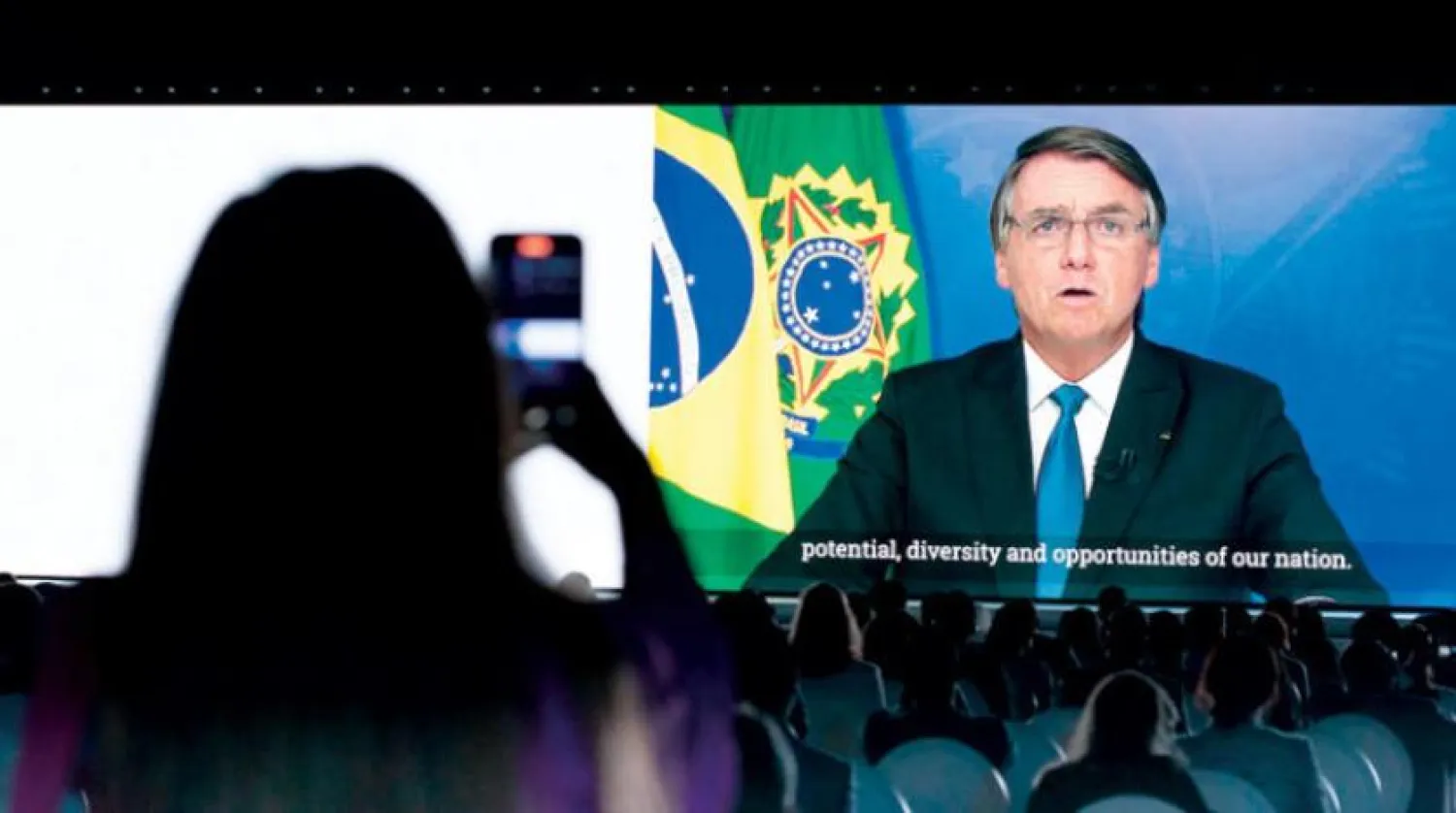 The Brazilian President in a recorded speech at the Global Business Forum (GBF) Latin America, which kicked off on Wednesday, March 23, 2022 in Dubai. (Asharq Al-Awsat) 