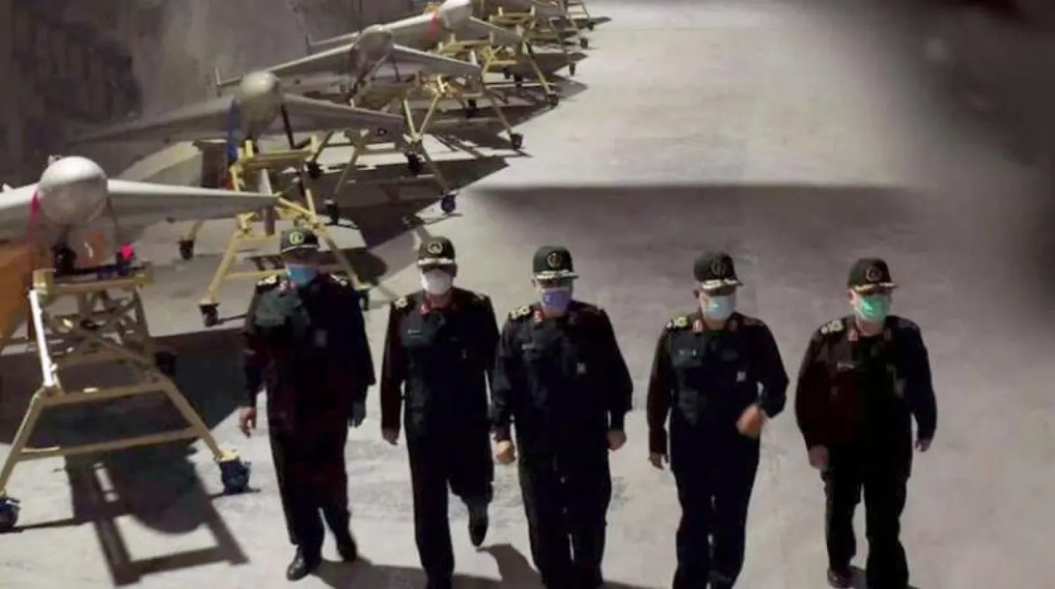 Iranian Revolutionary Guards Corps chief Hossein Salami with officials in a drone base (Tasnim)

